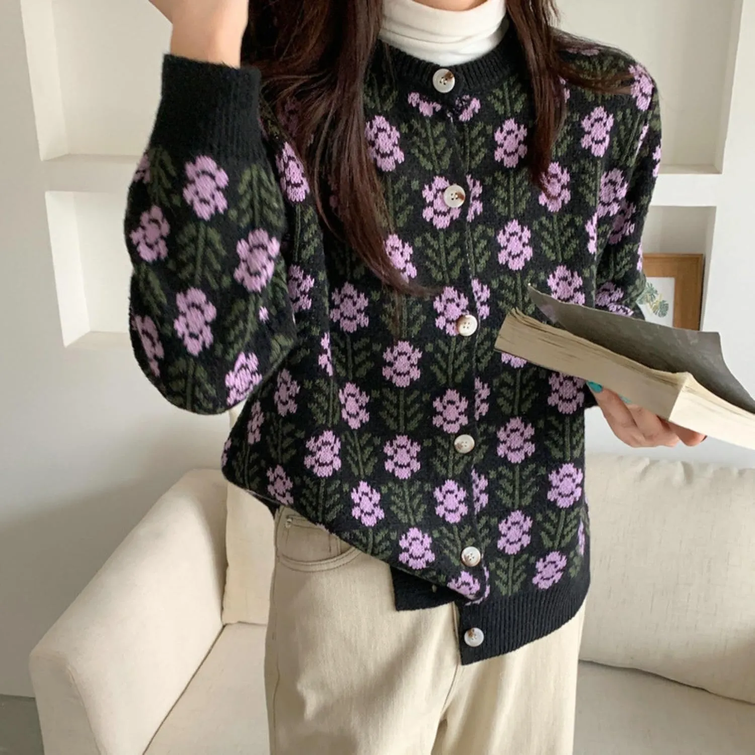 FindThy Womens Y2K Floral Print Cardigan Long Sleeve Crewneck Button Up Knit Sweater Cardigans