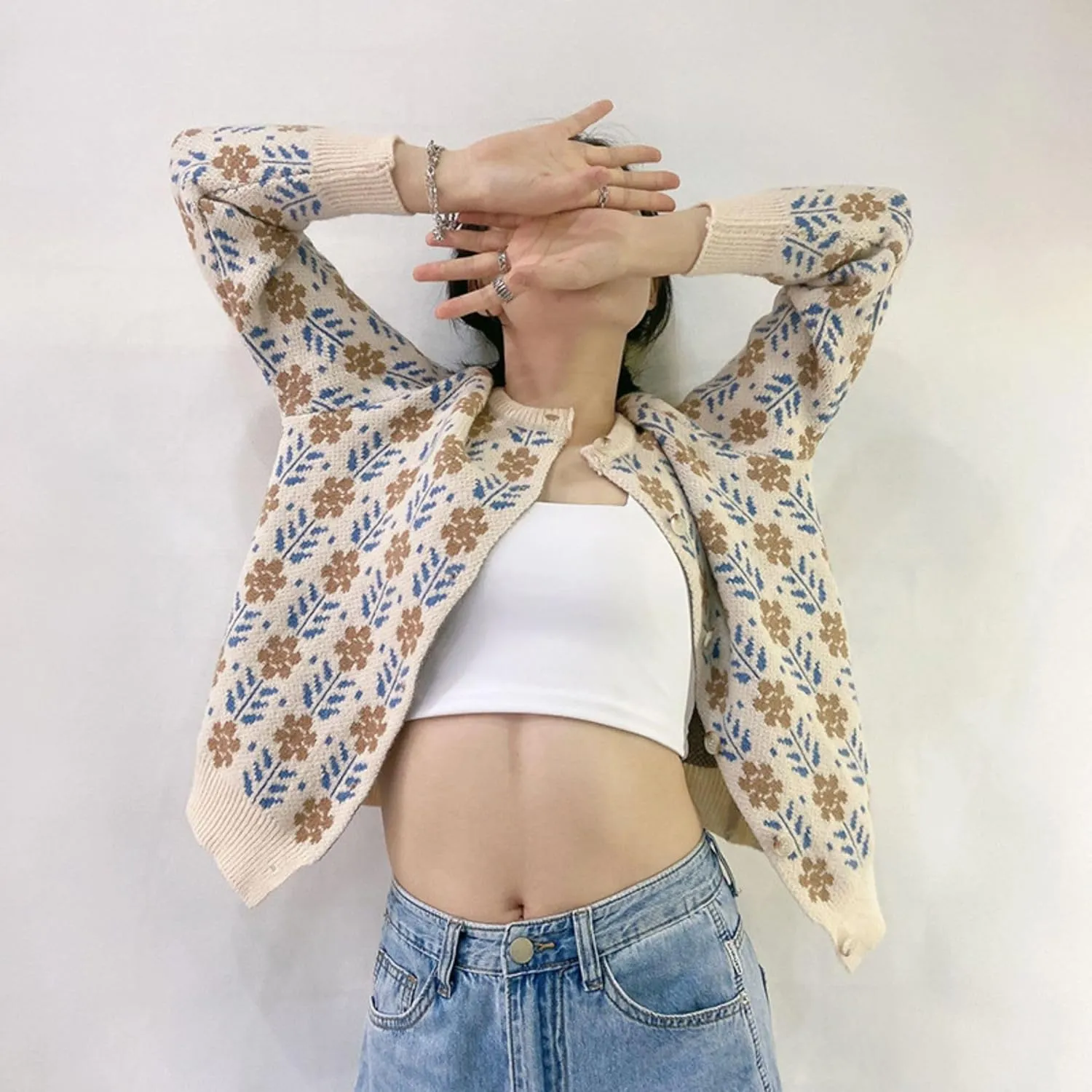 FindThy Womens Y2K Floral Print Cardigan Long Sleeve Crewneck Button Up Knit Sweater Cardigans