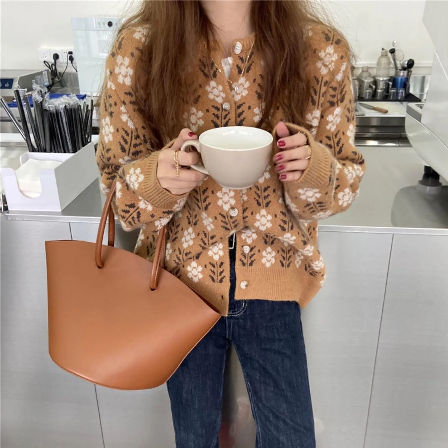 FindThy Womens Y2K Floral Print Cardigan Long Sleeve Crewneck Button Up Knit Sweater Cardigans