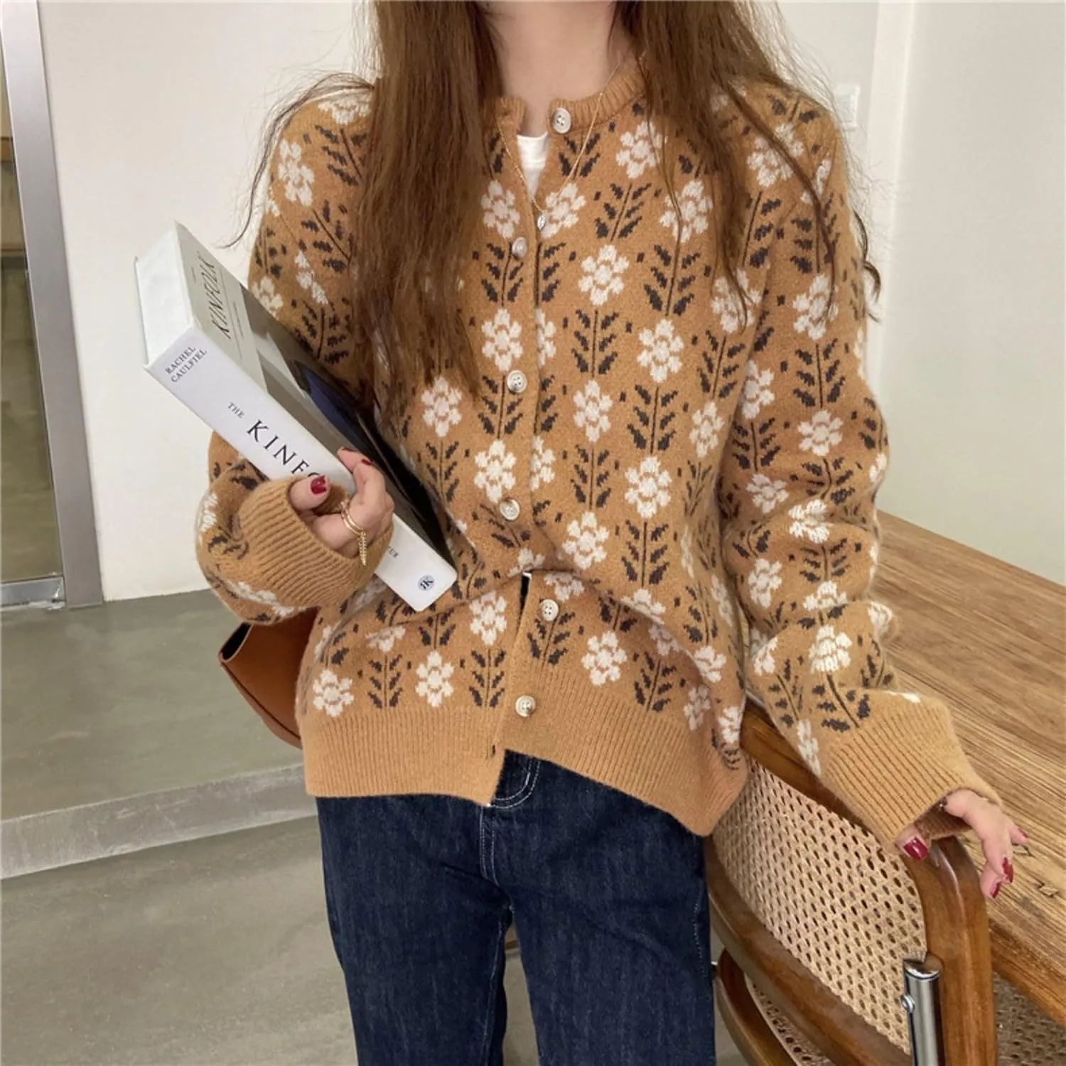 FindThy Womens Y2K Floral Print Cardigan Long Sleeve Crewneck Button Up Knit Sweater Cardigans