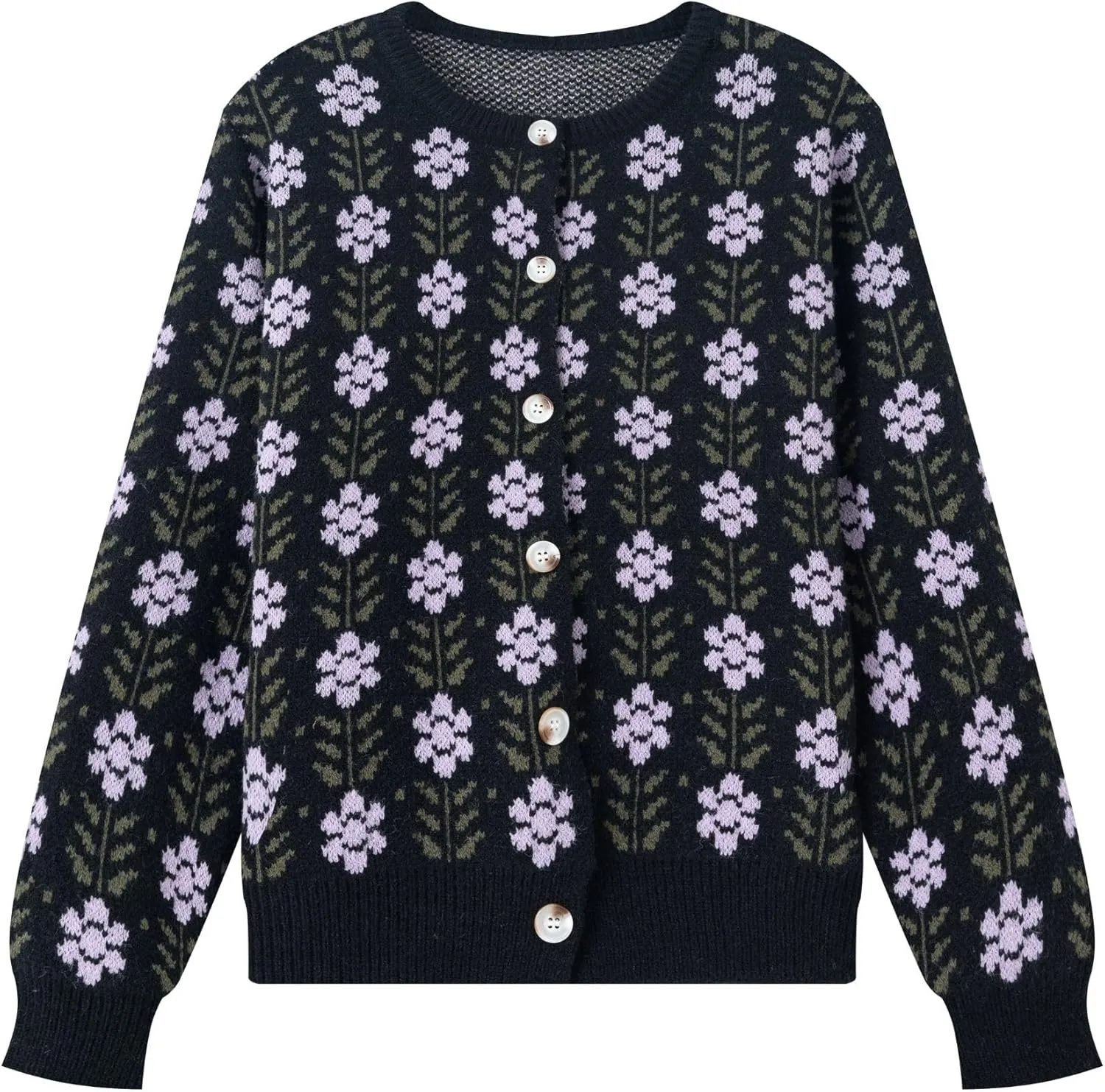 FindThy Womens Y2K Floral Print Cardigan Long Sleeve Crewneck Button Up Knit Sweater Cardigans
