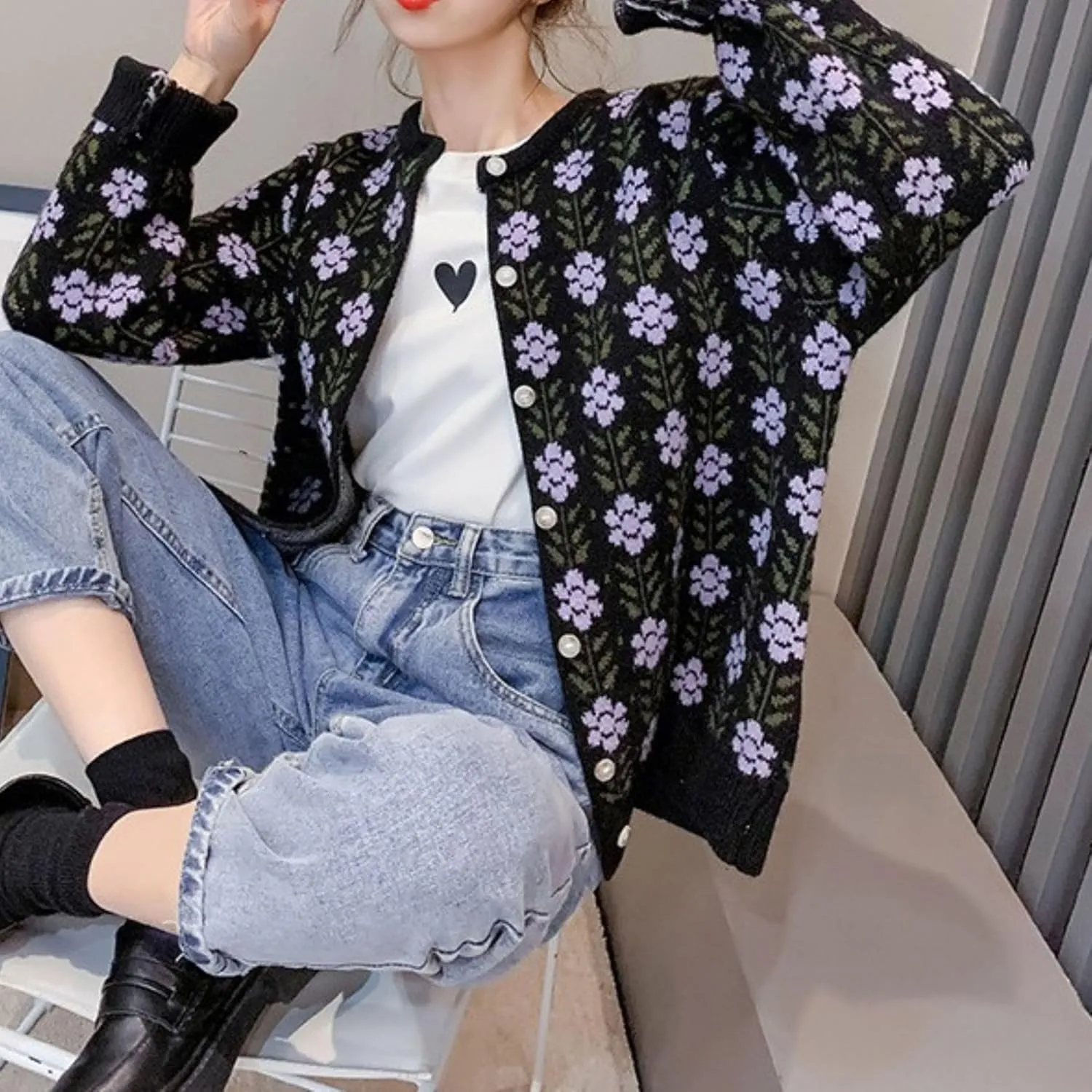 FindThy Womens Y2K Floral Print Cardigan Long Sleeve Crewneck Button Up Knit Sweater Cardigans