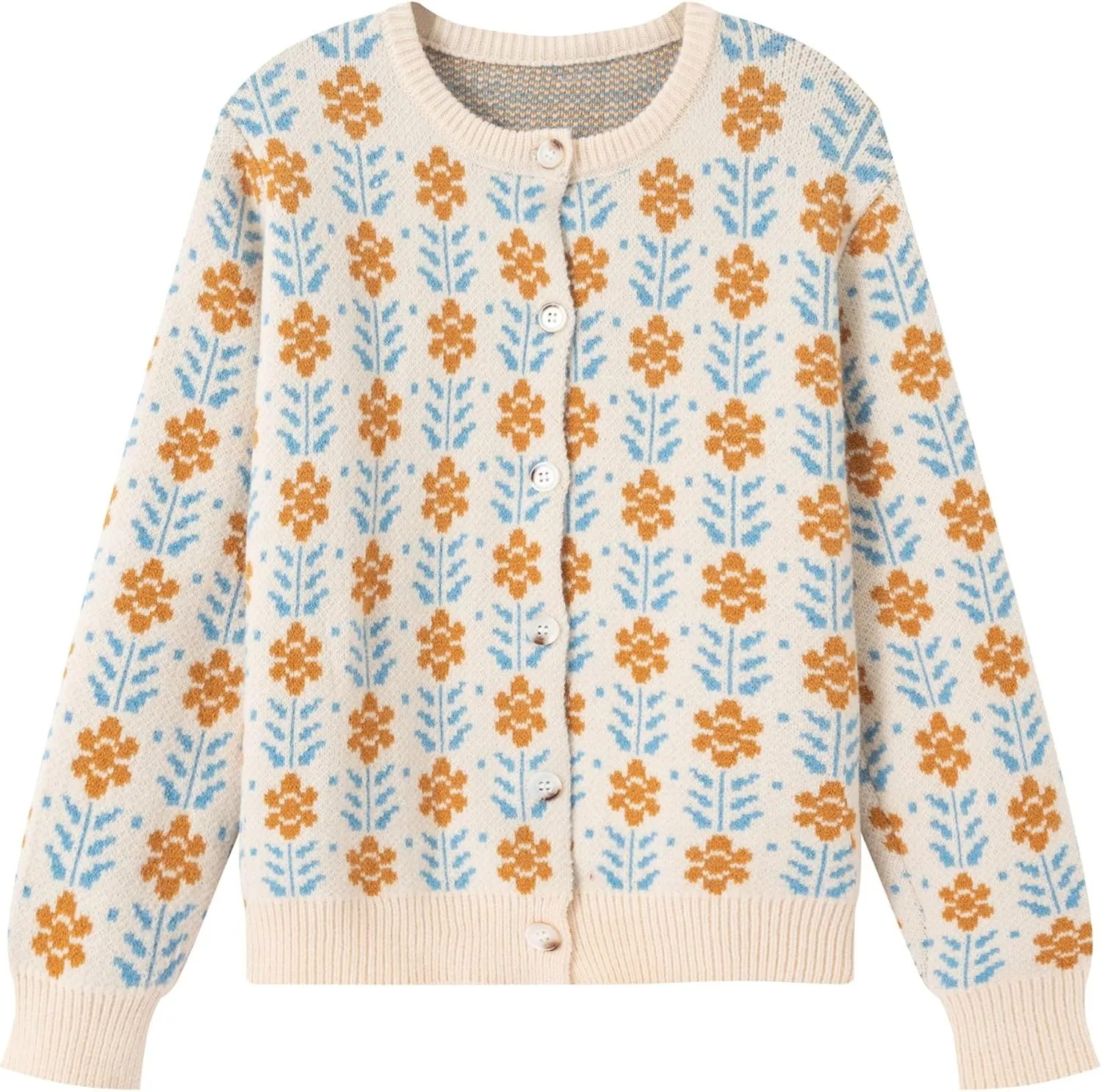 FindThy Womens Y2K Floral Print Cardigan Long Sleeve Crewneck Button Up Knit Sweater Cardigans