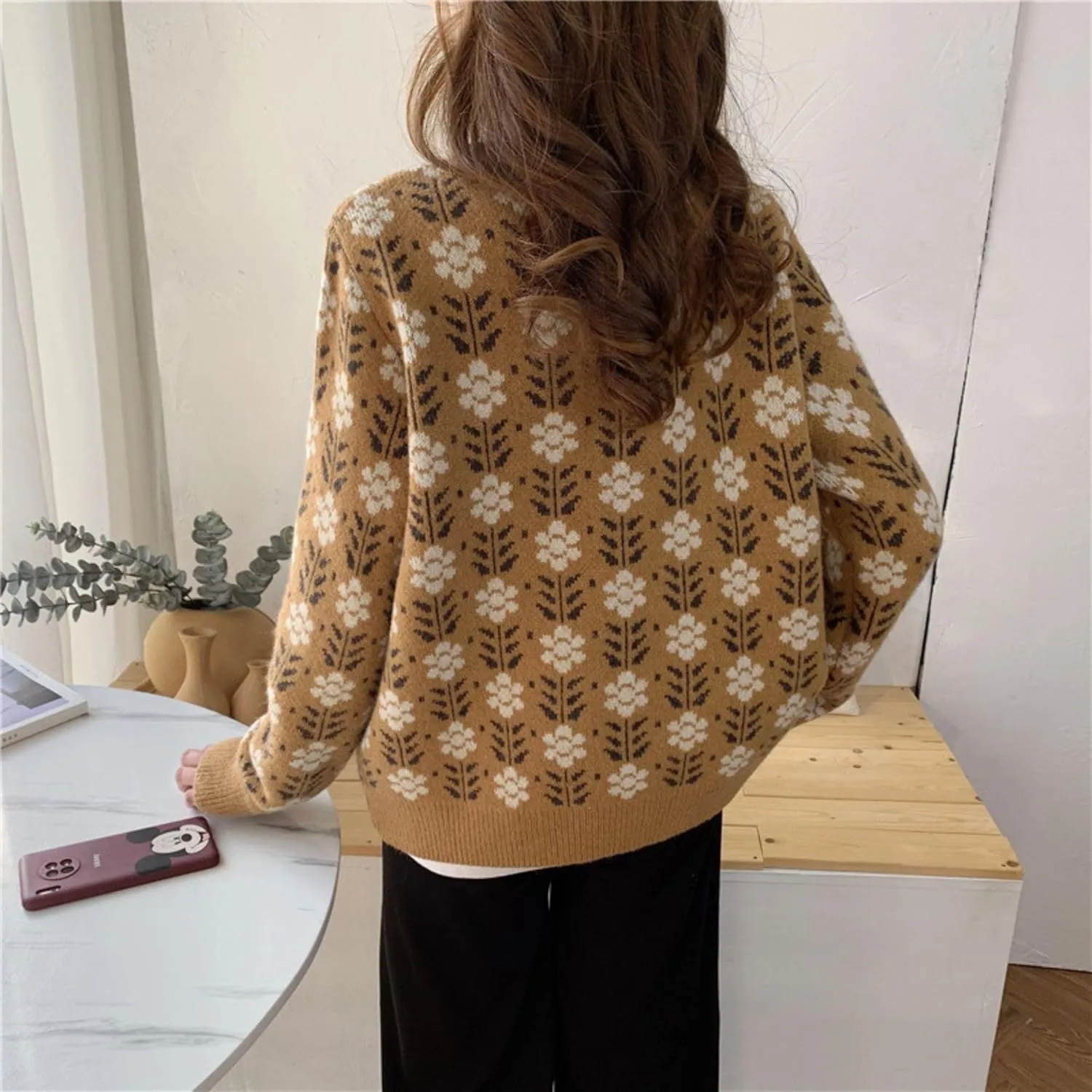 FindThy Womens Y2K Floral Print Cardigan Long Sleeve Crewneck Button Up Knit Sweater Cardigans