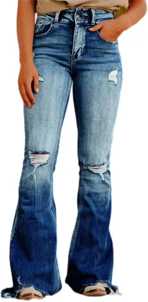 Flamingals Flare Bell Bottom Jeans for Women Raw Hem High Waist