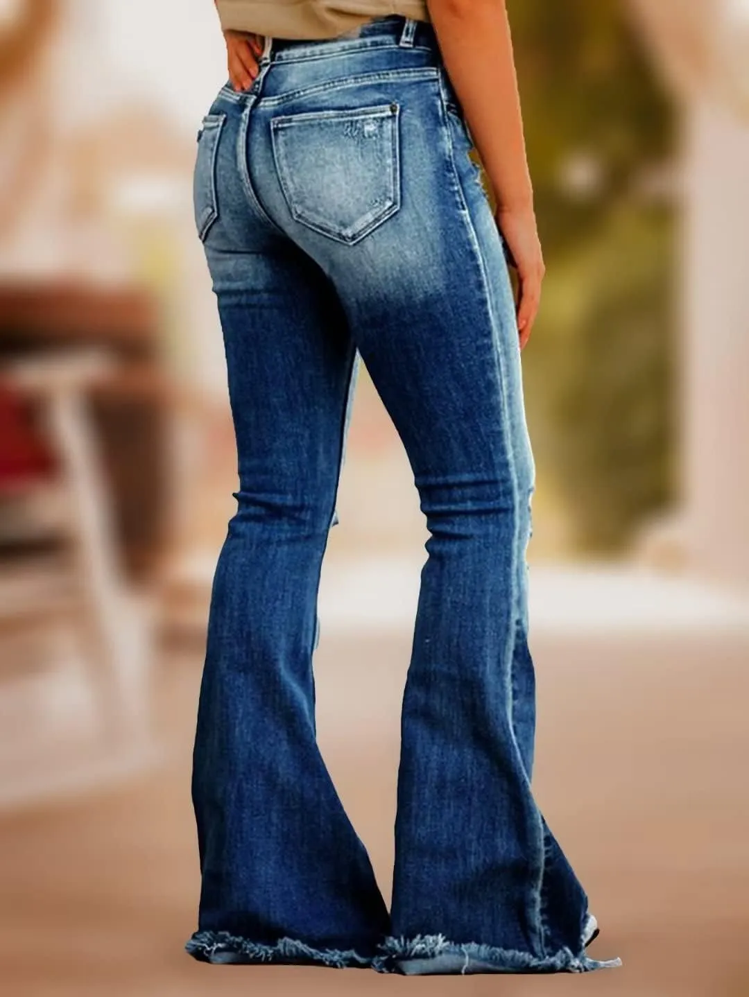 Flamingals Flare Bell Bottom Jeans for Women Raw Hem High Waist