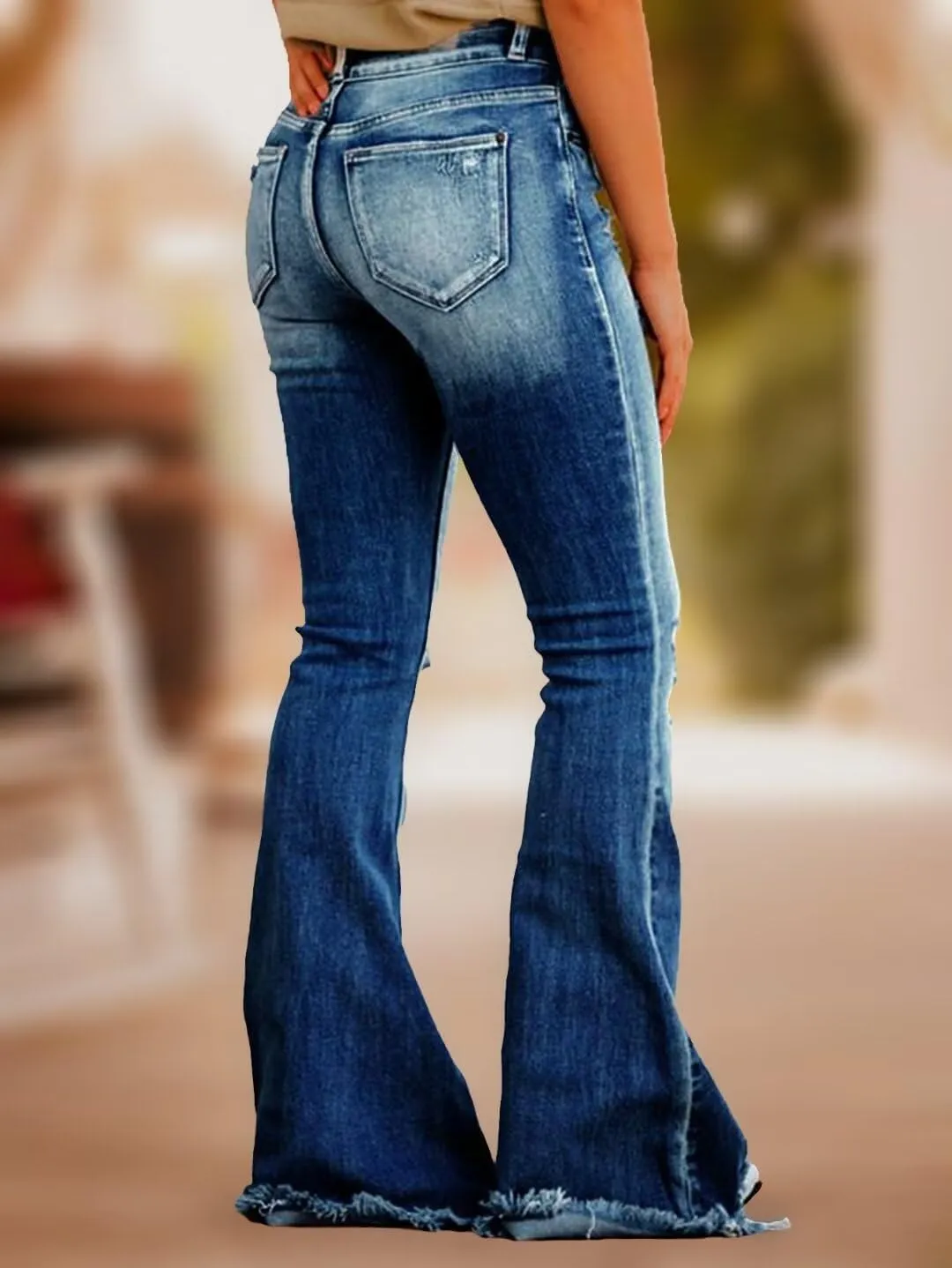 Flamingals Flare Bell Bottom Jeans for Women Raw Hem High Waist