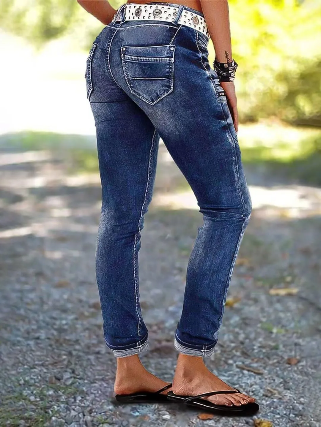 Flamingals Jeans for Women Wash Stretchy Crop Mid Waist Skinny Leg Casual Pocket Button Cropped Denim Pants Roll Hem