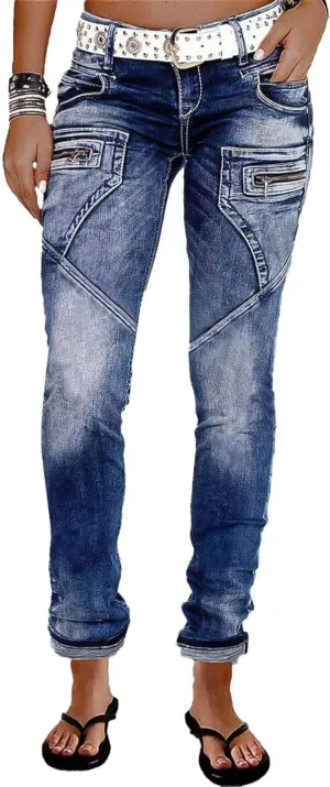 Flamingals Jeans for Women Wash Stretchy Crop Mid Waist Skinny Leg Casual Pocket Button Cropped Denim Pants Roll Hem