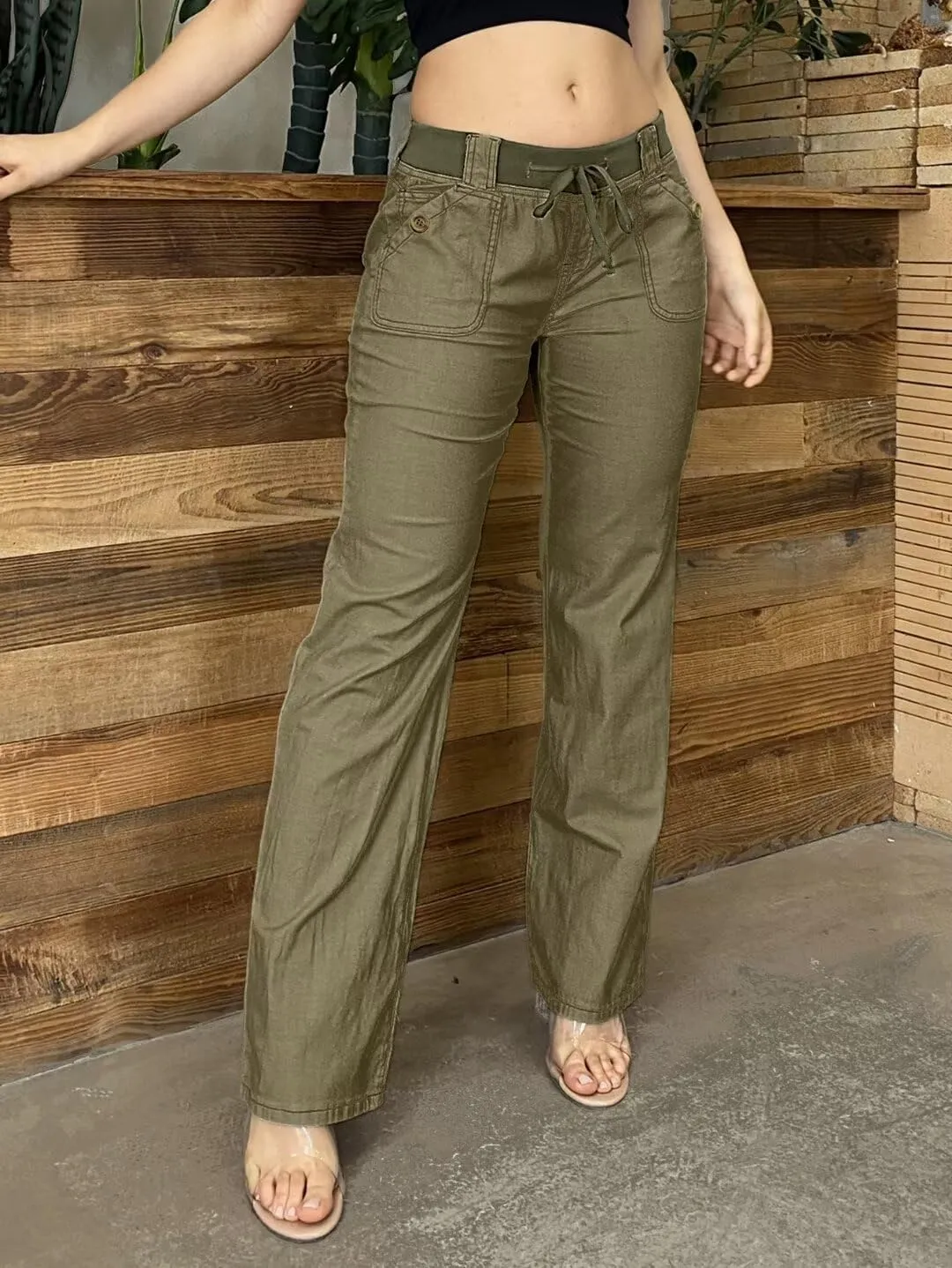 Flamingals Low Rise Cargo Wide Leg Pants for Women Drawstring Flap Pockets Y2K Bow Tie Casual Flare Pants