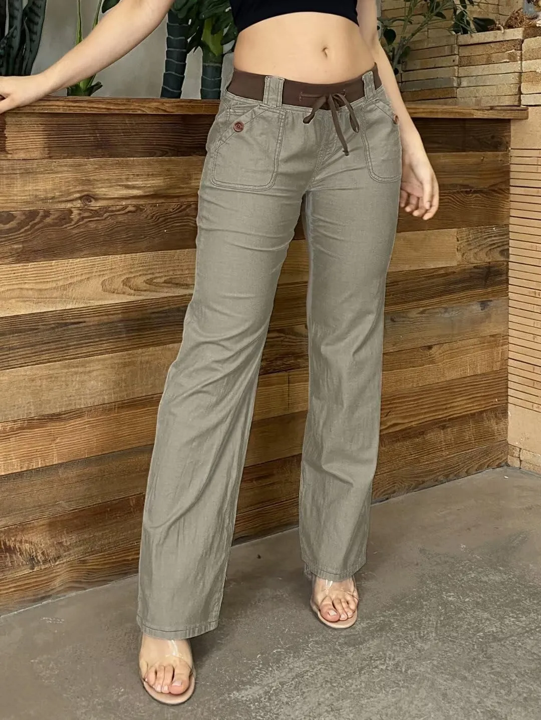 Flamingals Low Rise Cargo Wide Leg Pants for Women Drawstring Flap Pockets Y2K Bow Tie Casual Flare Pants