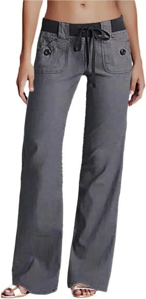 Flamingals Low Rise Cargo Wide Leg Pants for Women Drawstring Flap Pockets Y2K Bow Tie Casual Flare Pants