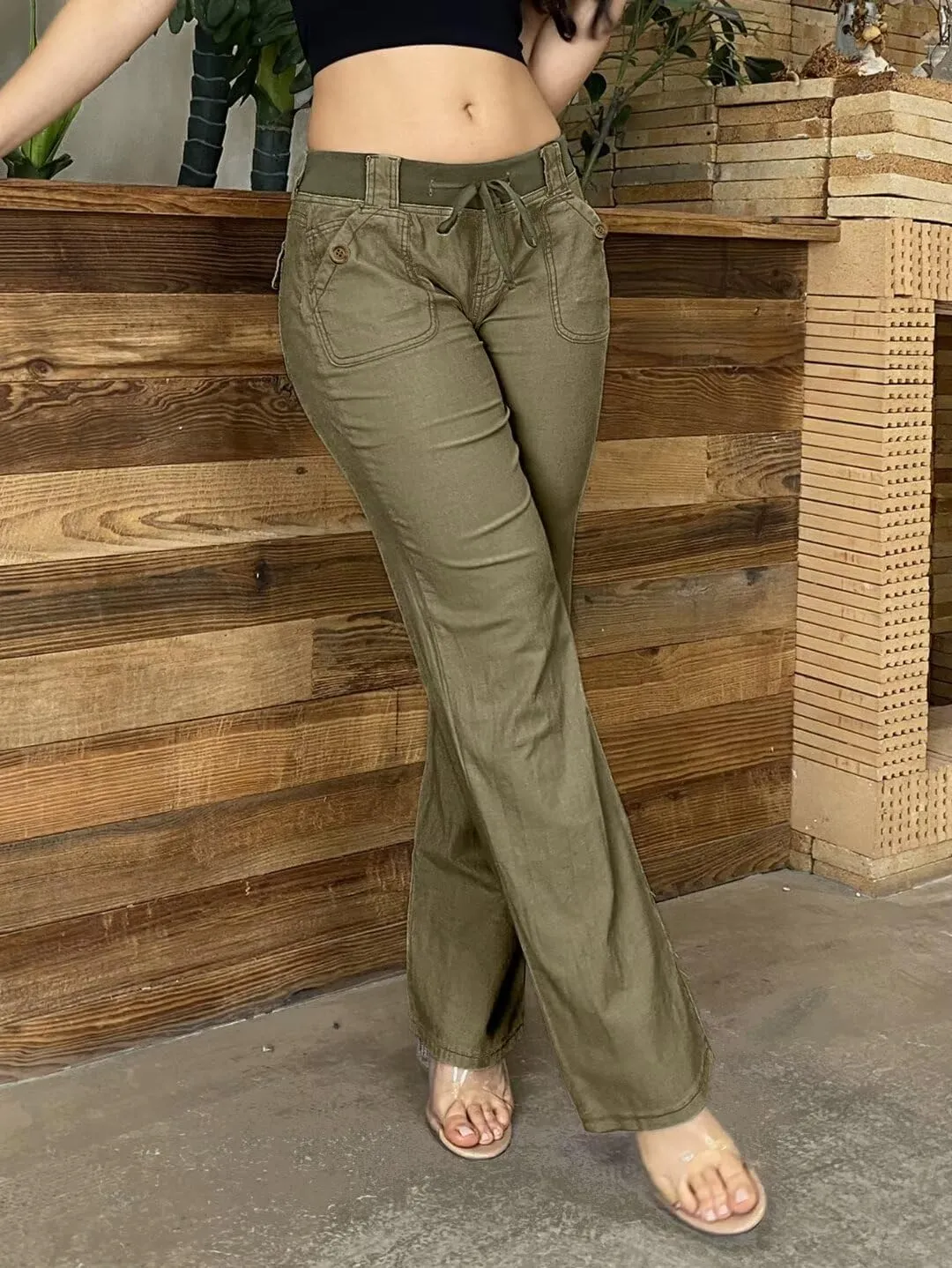 Flamingals Low Rise Cargo Wide Leg Pants for Women Drawstring Flap Pockets Y2K Bow Tie Casual Flare Pants