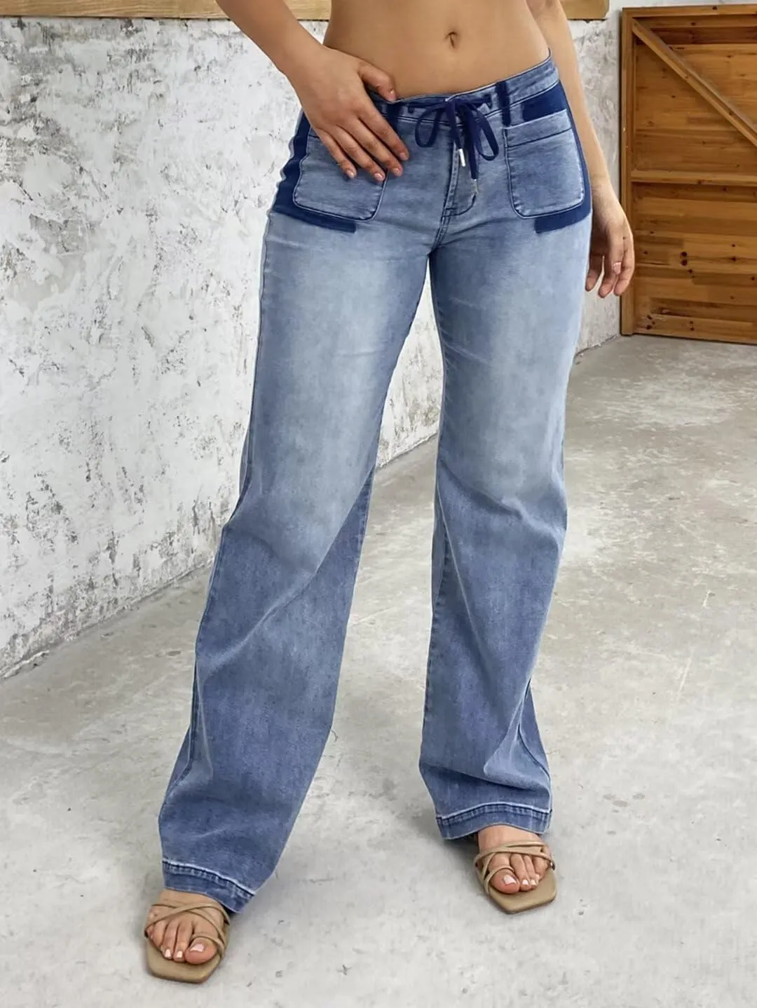 Flamingals Low Rise Cargo Wide Leg Pants for Women Drawstring Flap Pockets Y2K Bow Tie Casual Flare Pants