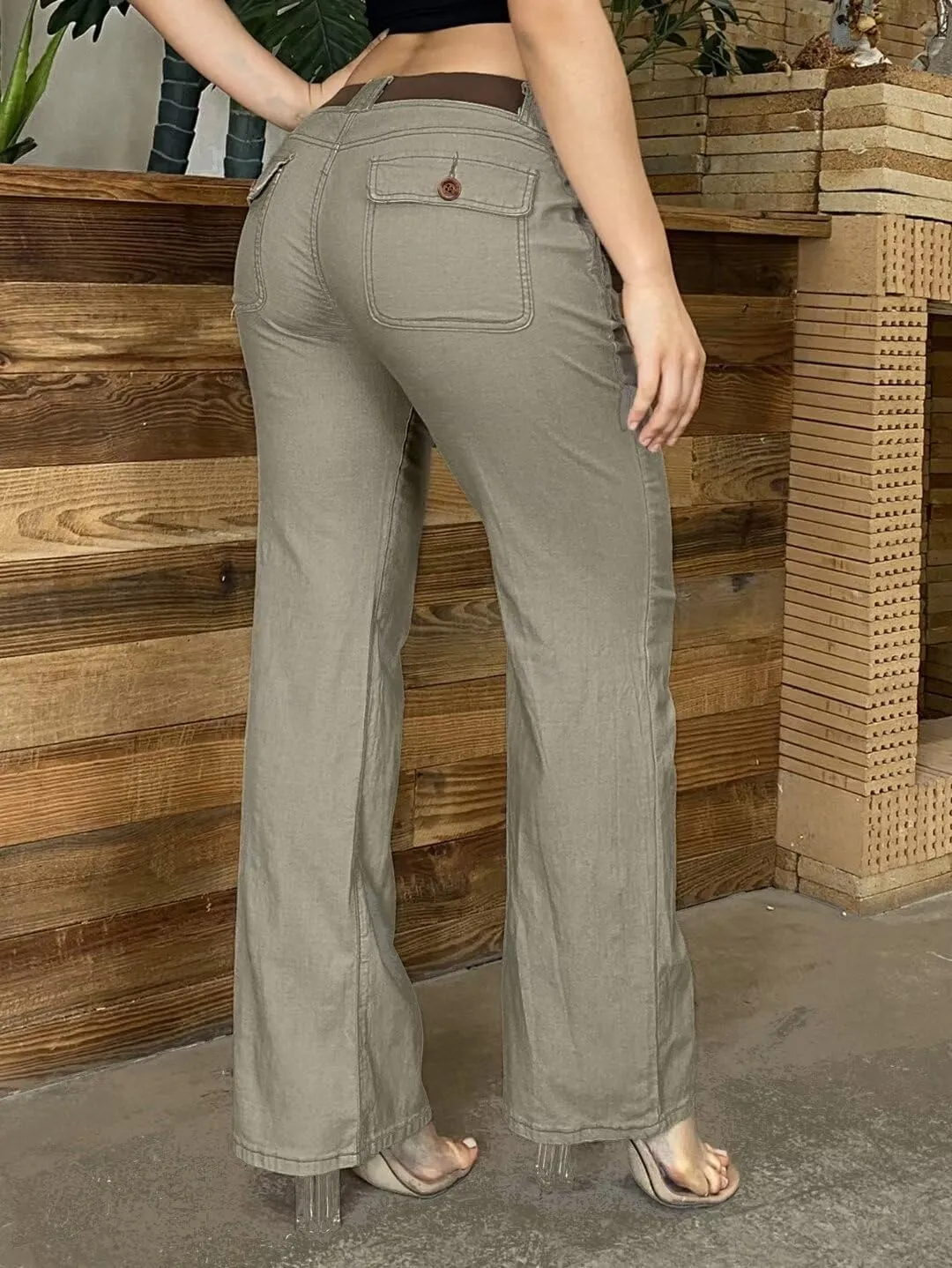 Flamingals Low Rise Cargo Wide Leg Pants for Women Drawstring Flap Pockets Y2K Bow Tie Casual Flare Pants