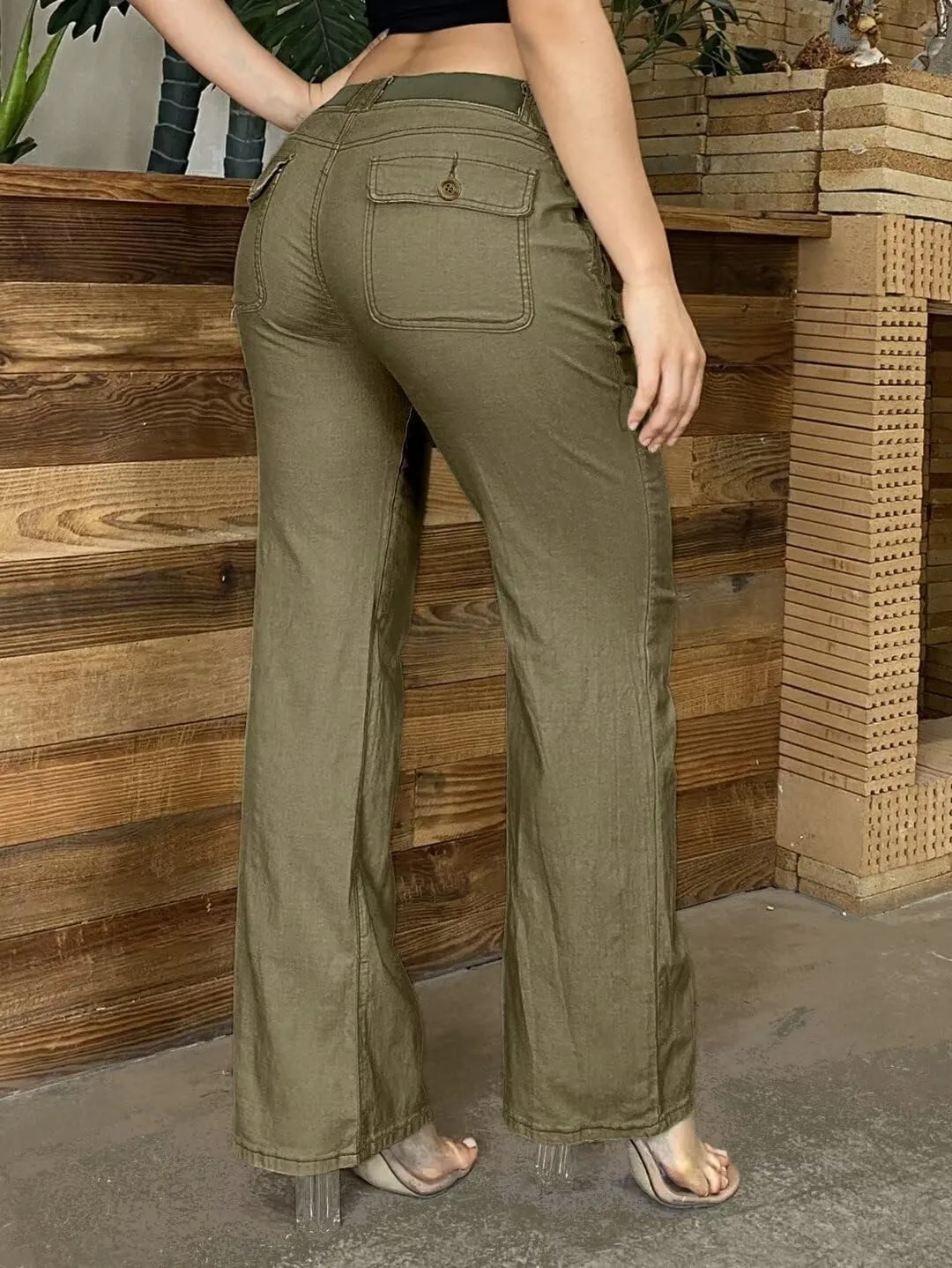 Flamingals Low Rise Cargo Wide Leg Pants for Women Drawstring Flap Pockets Y2K Bow Tie Casual Flare Pants