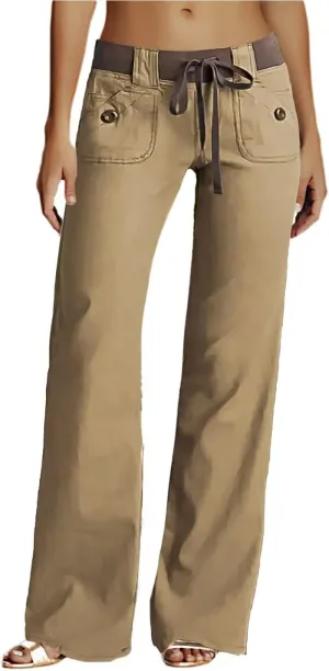 Flamingals Low Rise Cargo Wide Leg Pants for Women Drawstring Flap Pockets Y2K Bow Tie Casual Flare Pants