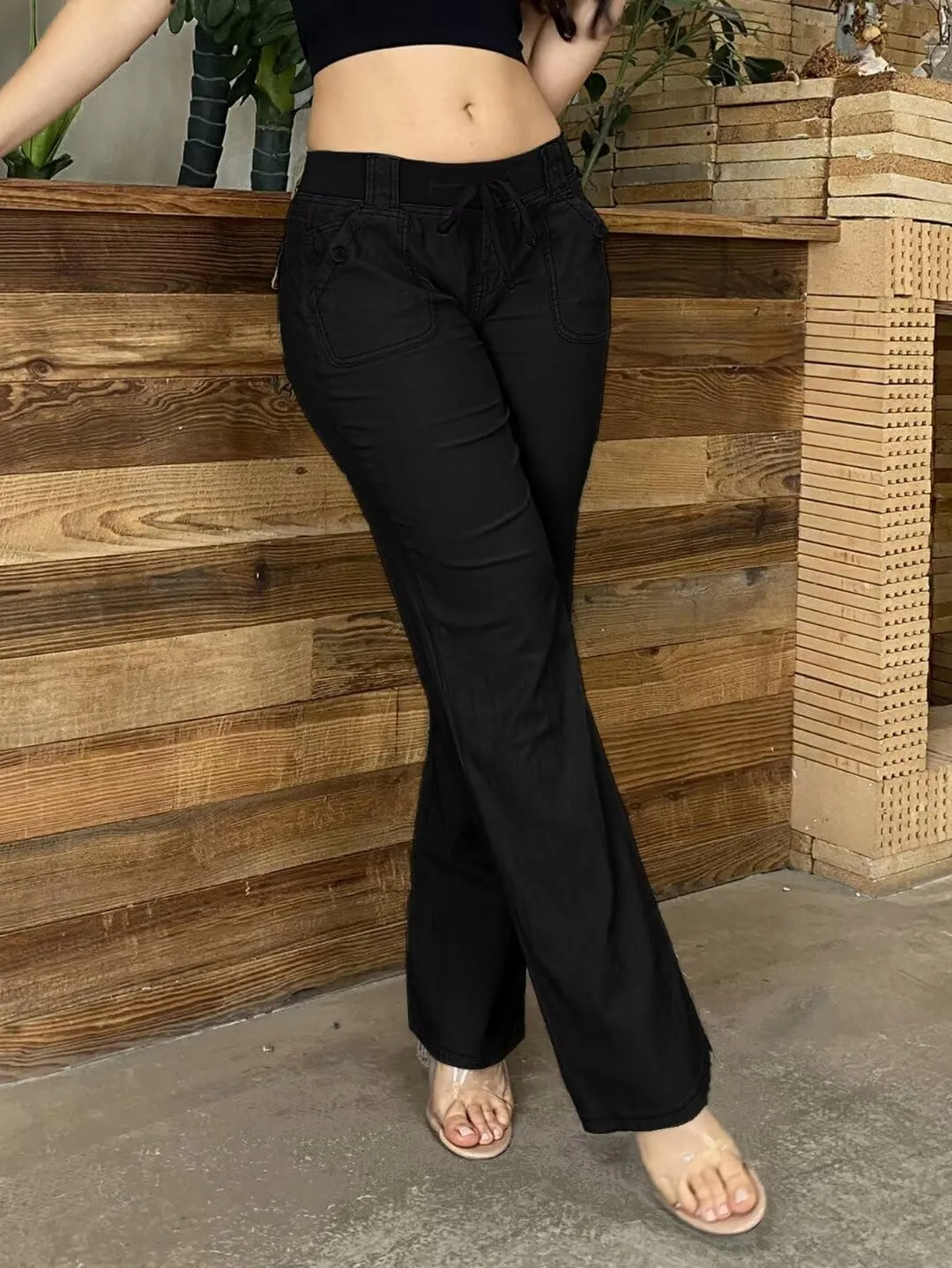 Flamingals Low Rise Cargo Wide Leg Pants for Women Drawstring Flap Pockets Y2K Bow Tie Casual Flare Pants