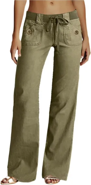 Flamingals Low Rise Cargo Wide Leg Pants for Women Drawstring Flap Pockets Y2K Bow Tie Casual Flare Pants
