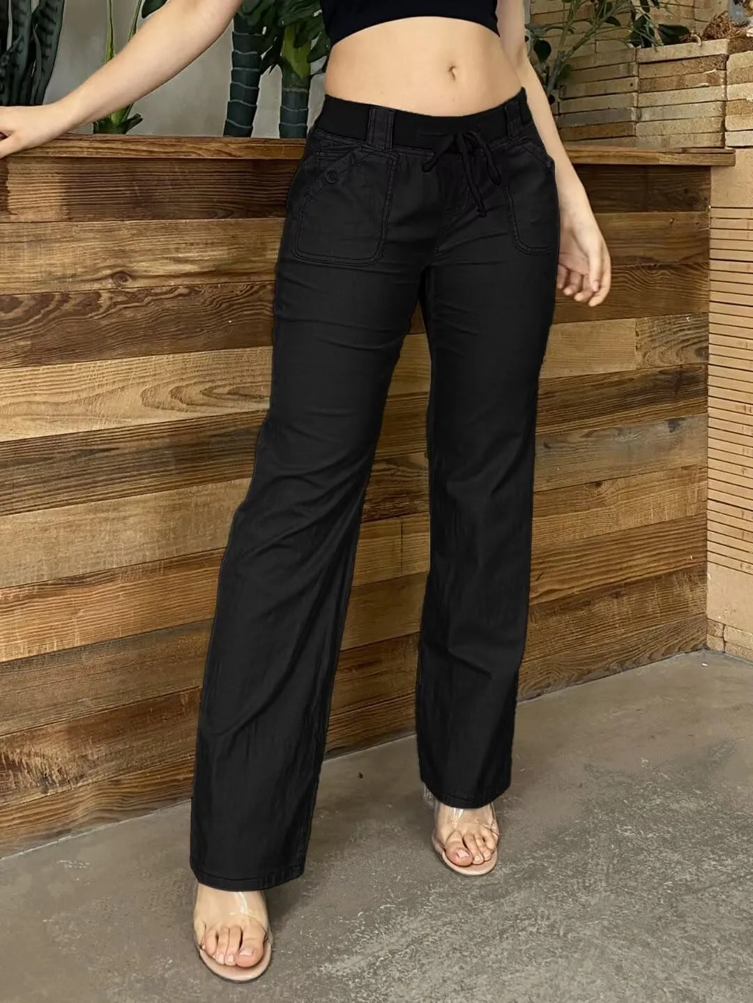 Flamingals Low Rise Cargo Wide Leg Pants for Women Drawstring Flap Pockets Y2K Bow Tie Casual Flare Pants