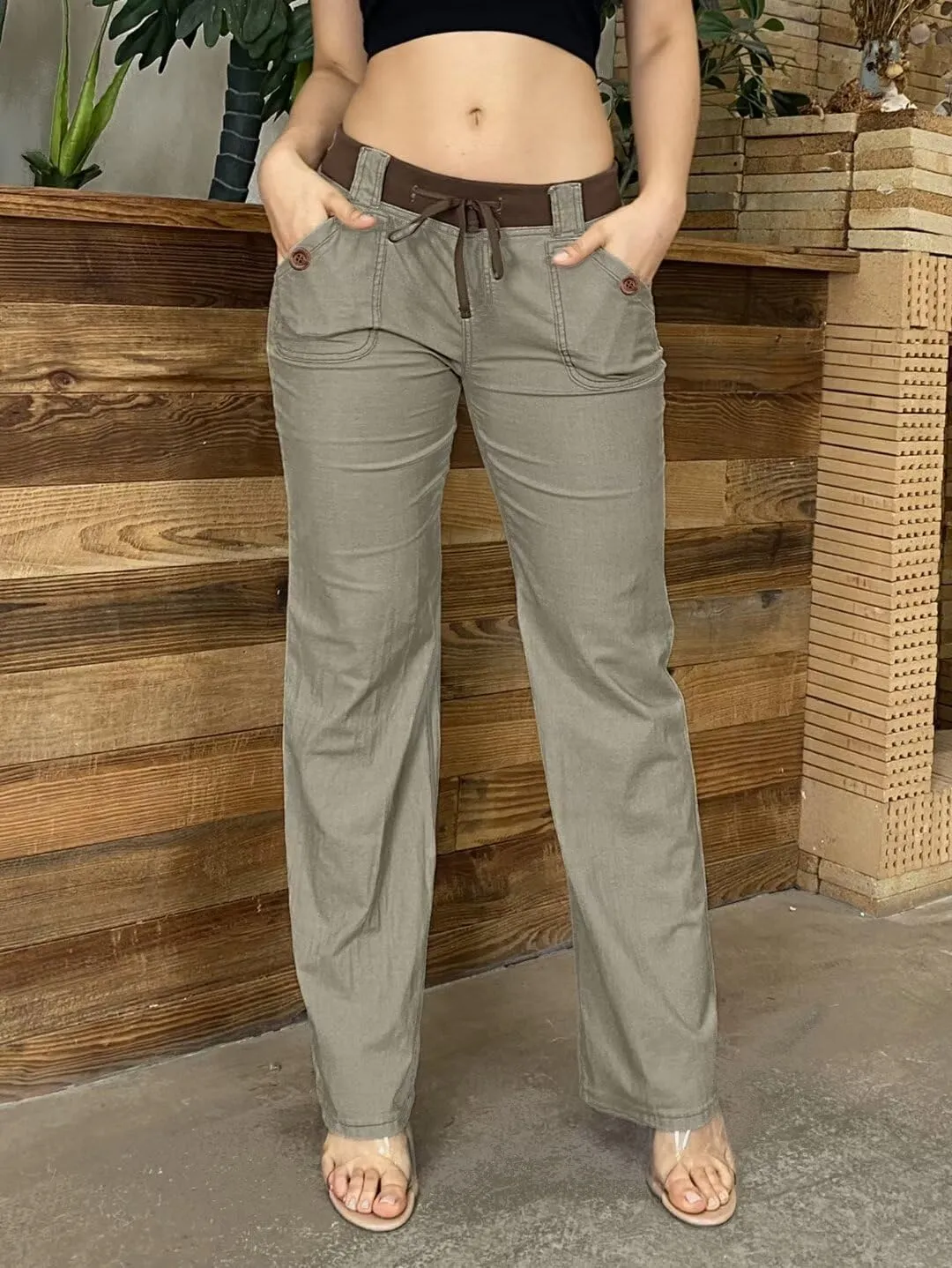 Flamingals Low Rise Cargo Wide Leg Pants for Women Drawstring Flap Pockets Y2K Bow Tie Casual Flare Pants