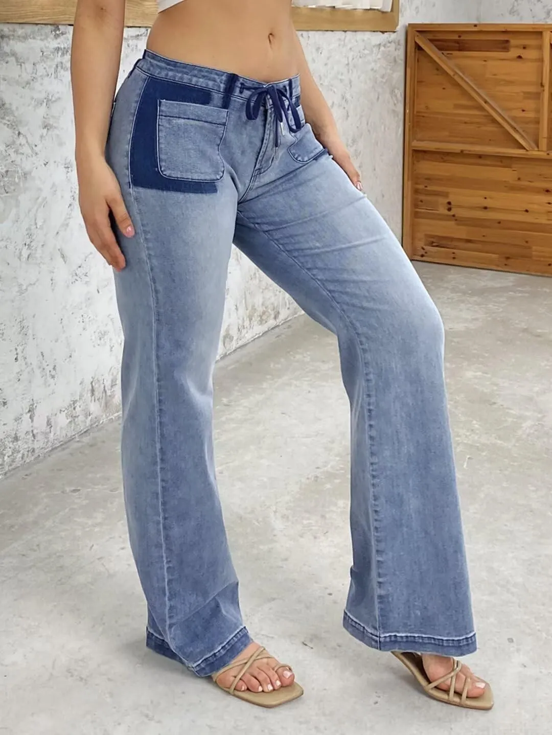 Flamingals Low Rise Cargo Wide Leg Pants for Women Drawstring Flap Pockets Y2K Bow Tie Casual Flare Pants
