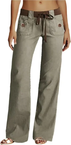 Flamingals Low Rise Cargo Wide Leg Pants for Women Drawstring Flap Pockets Y2K Bow Tie Casual Flare Pants