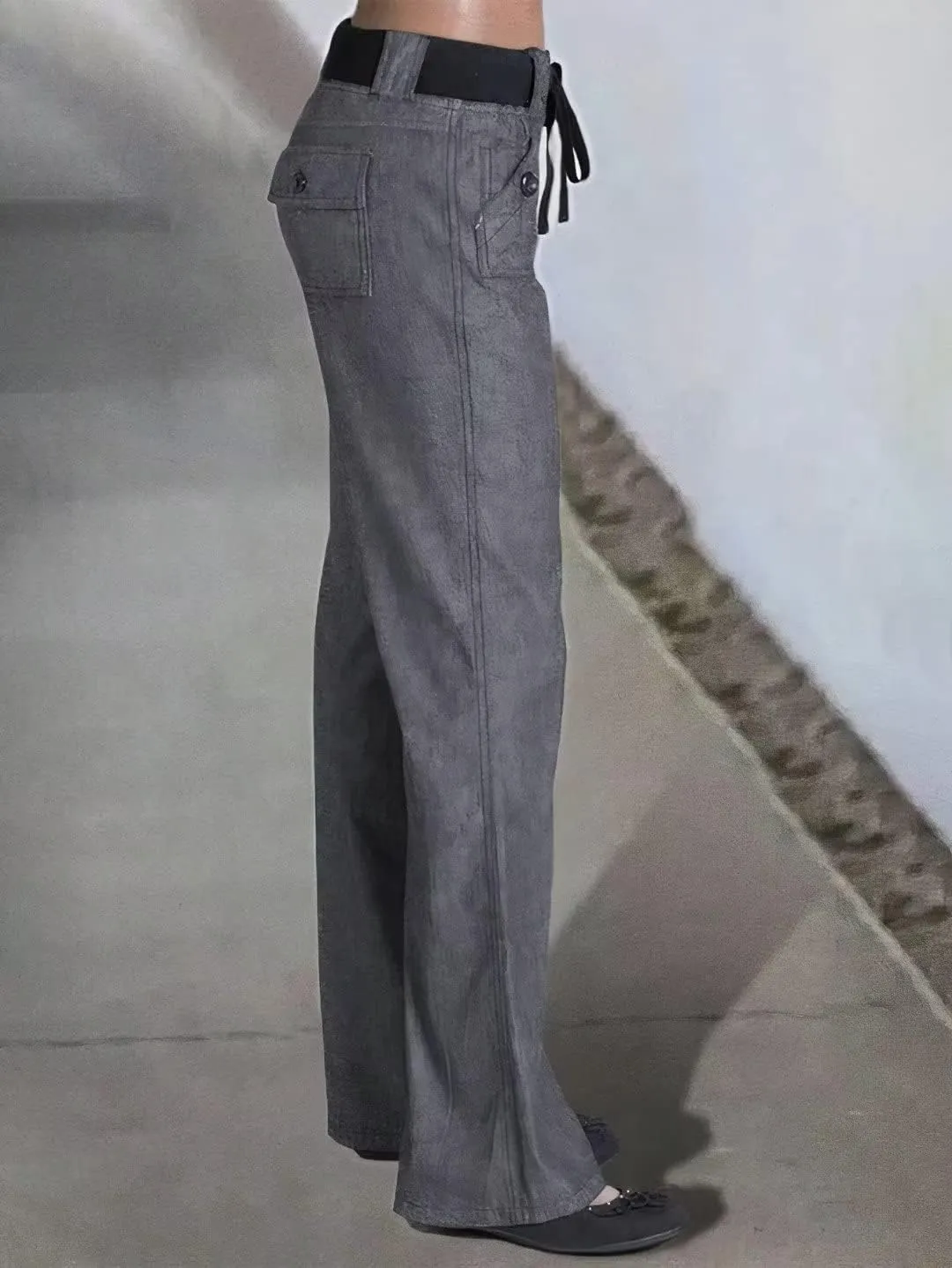Flamingals Low Rise Cargo Wide Leg Pants for Women Drawstring Flap Pockets Y2K Bow Tie Casual Flare Pants