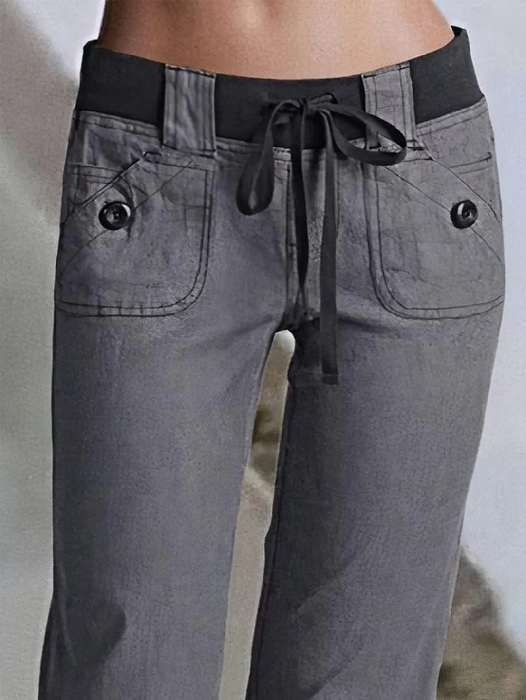 Flamingals Low Rise Cargo Wide Leg Pants for Women Drawstring Flap Pockets Y2K Bow Tie Casual Flare Pants