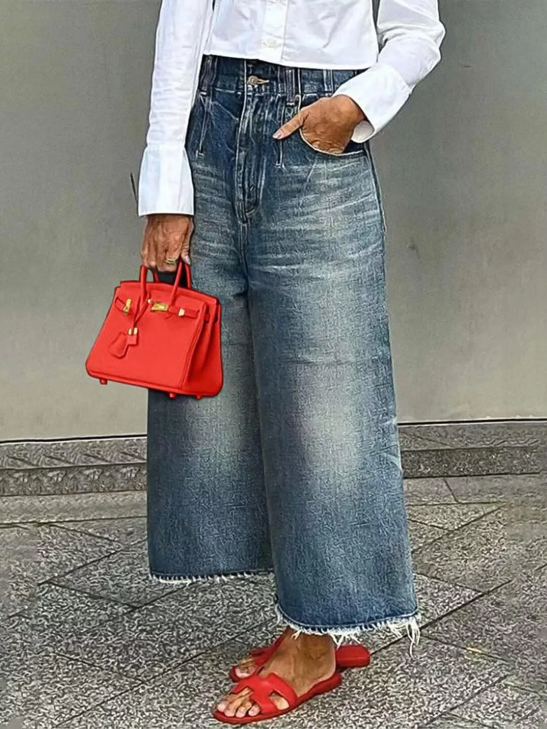 Flamingals Wide Leg High Rise Baggy Raw Hem Denim Jeans with Pockets