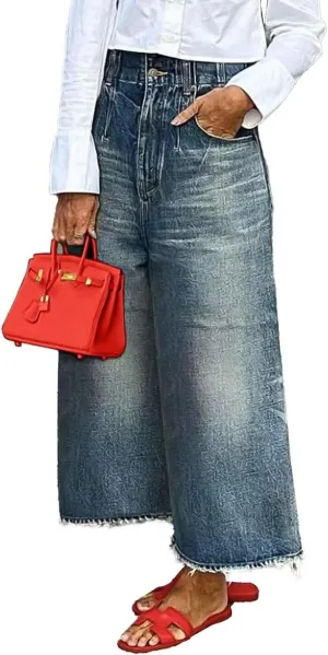 Flamingals Wide Leg High Rise Baggy Raw Hem Denim Jeans with Pockets