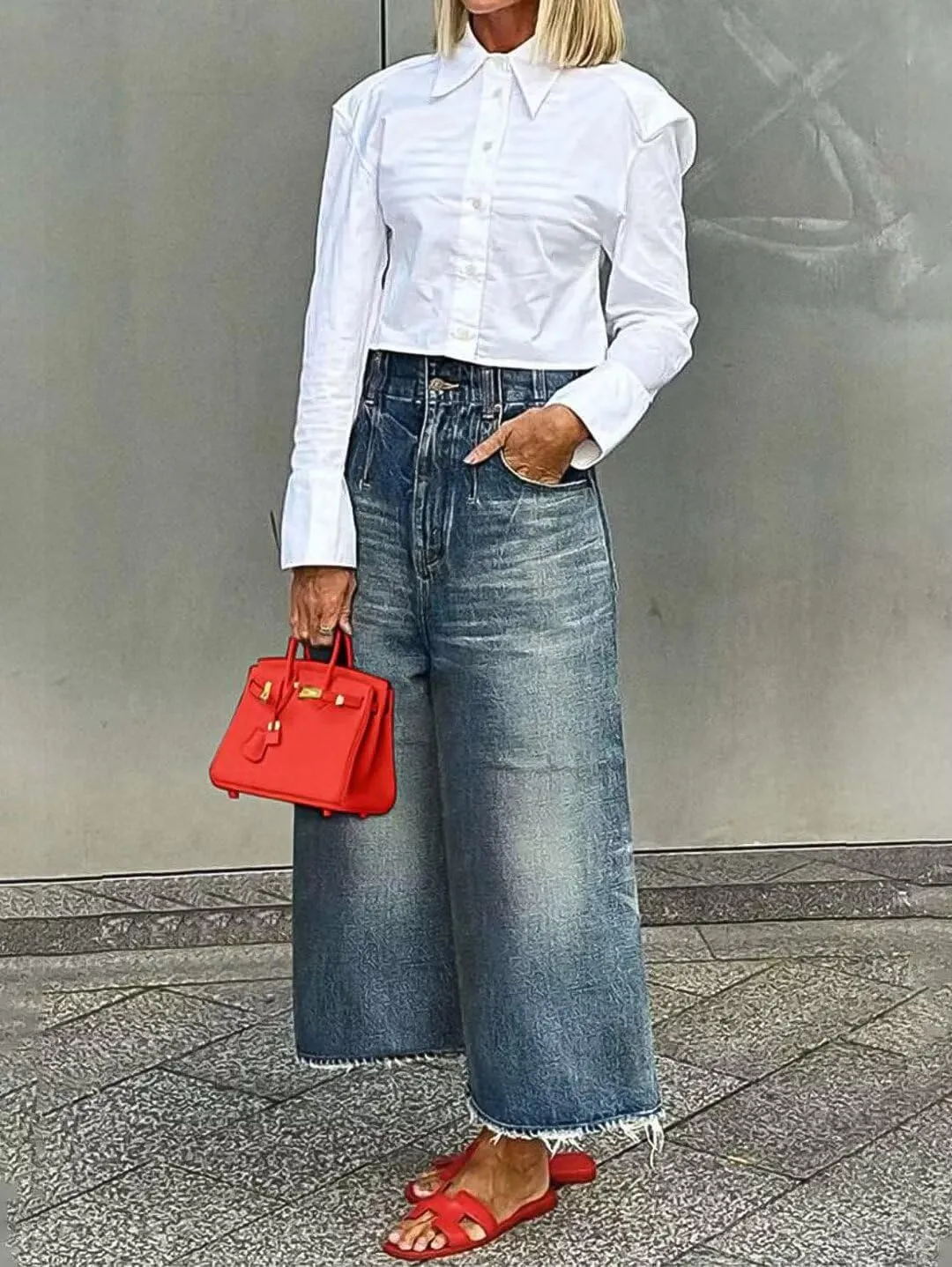 Flamingals Wide Leg High Rise Baggy Raw Hem Denim Jeans with Pockets