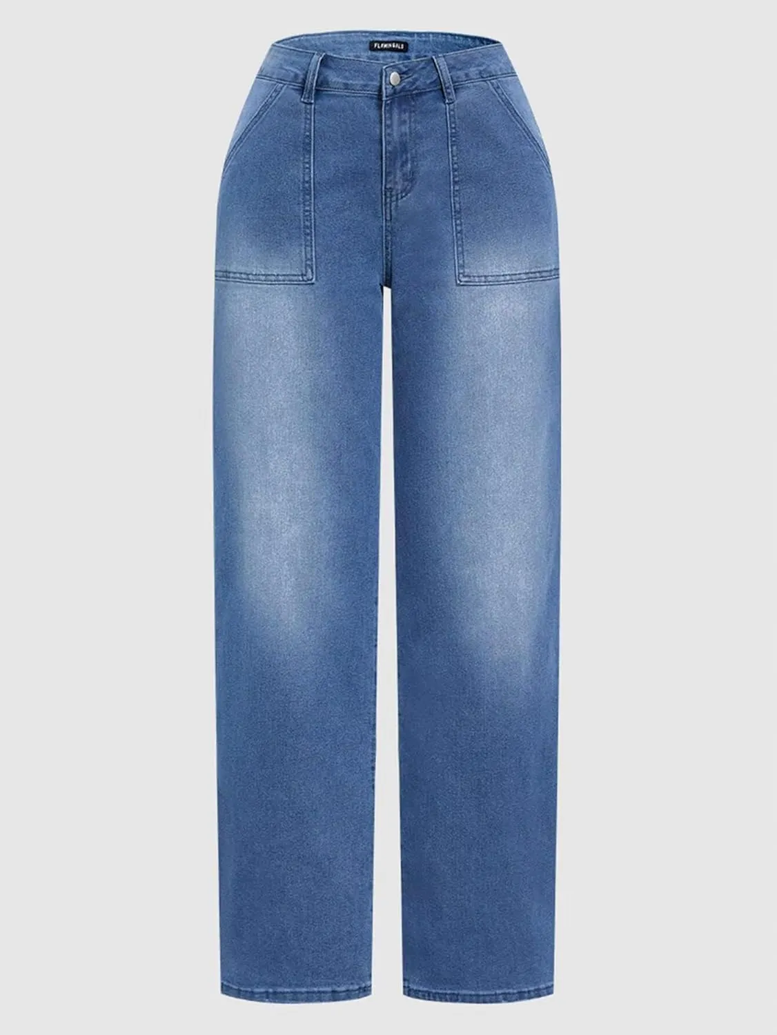 Flamingals Wide Straight Leg Mid Rise Baggy Pocket Denim Jeans Without Belt