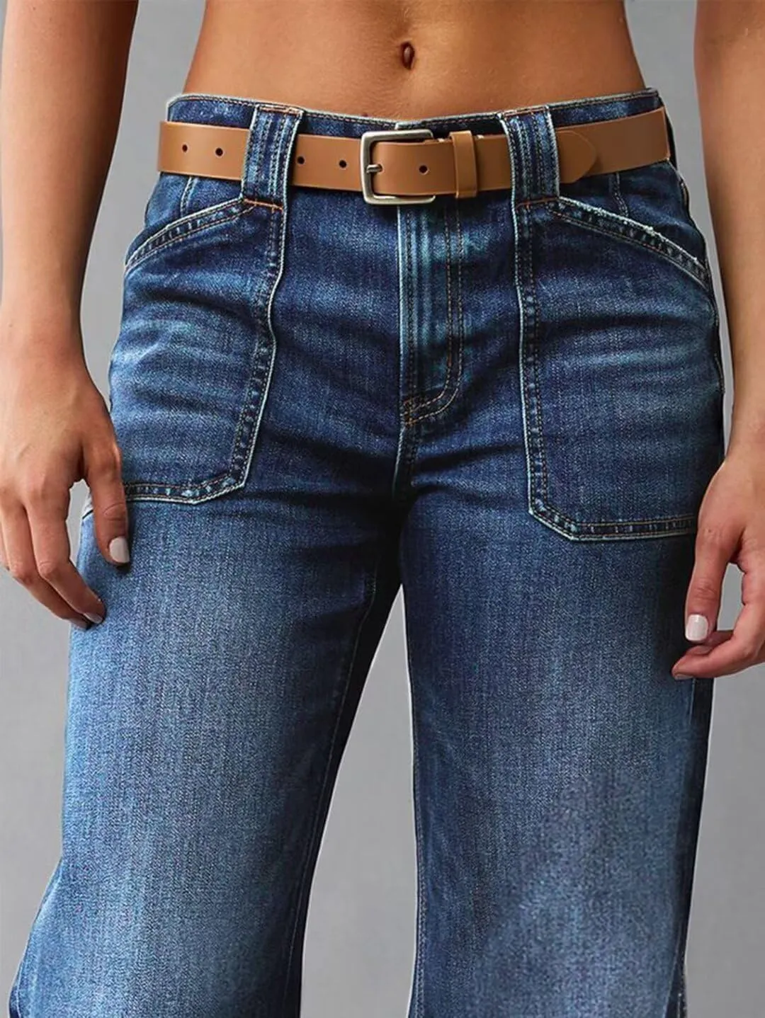 Flamingals Wide Straight Leg Mid Rise Baggy Pocket Denim Jeans Without Belt
