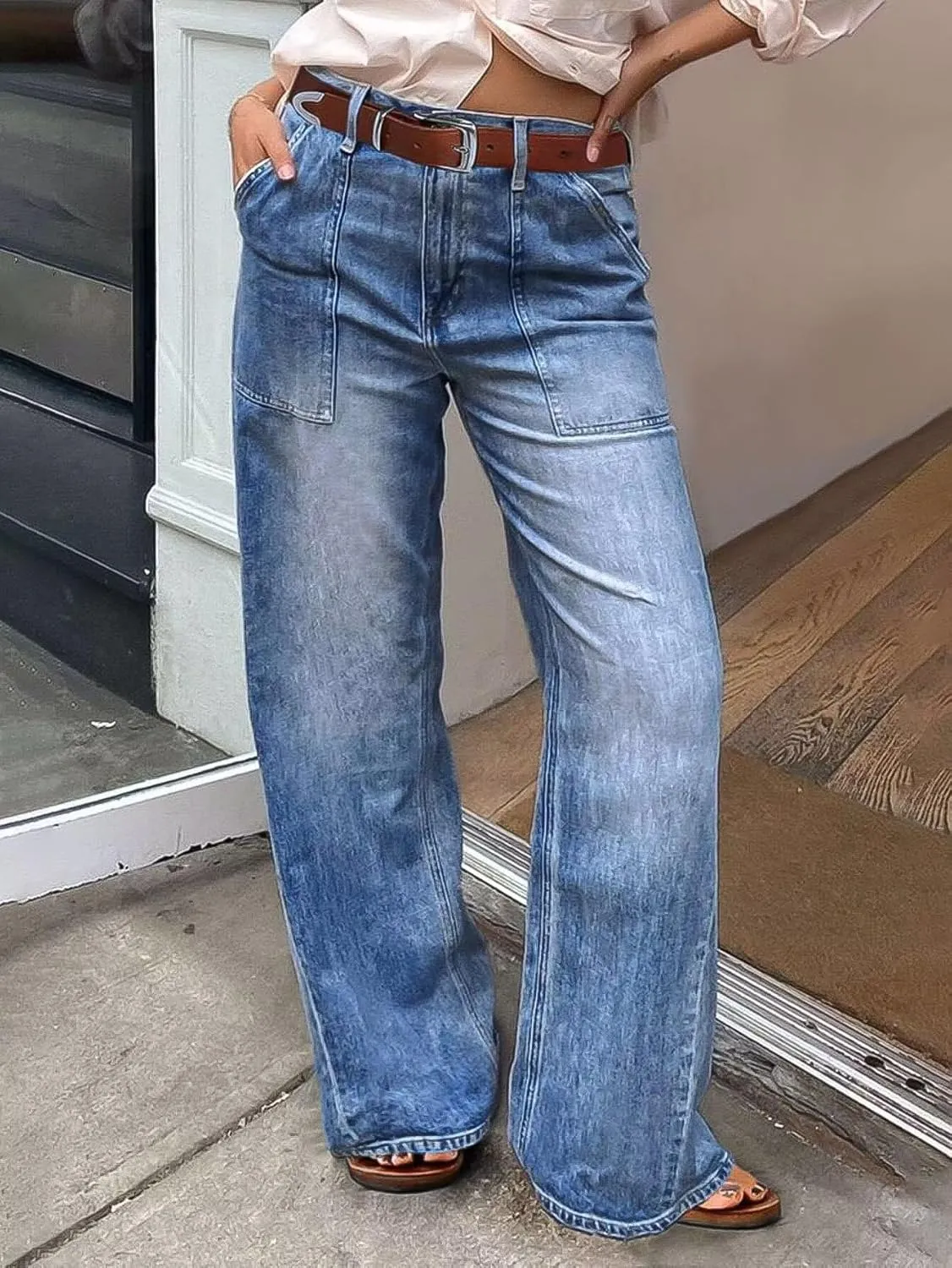 Flamingals Wide Straight Leg Mid Rise Baggy Pocket Denim Jeans Without Belt