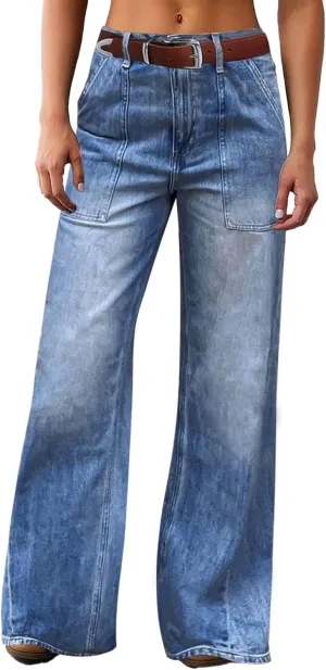 Flamingals Wide Straight Leg Mid Rise Baggy Pocket Denim Jeans Without Belt