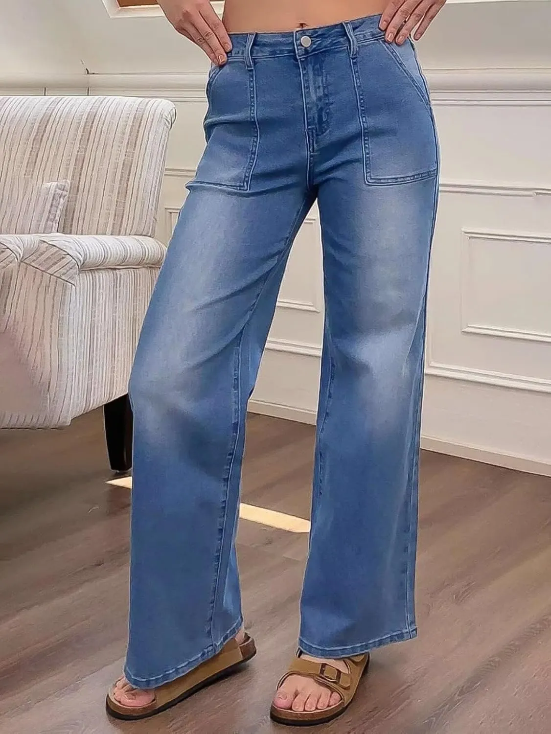Flamingals Wide Straight Leg Mid Rise Baggy Pocket Denim Jeans Without Belt