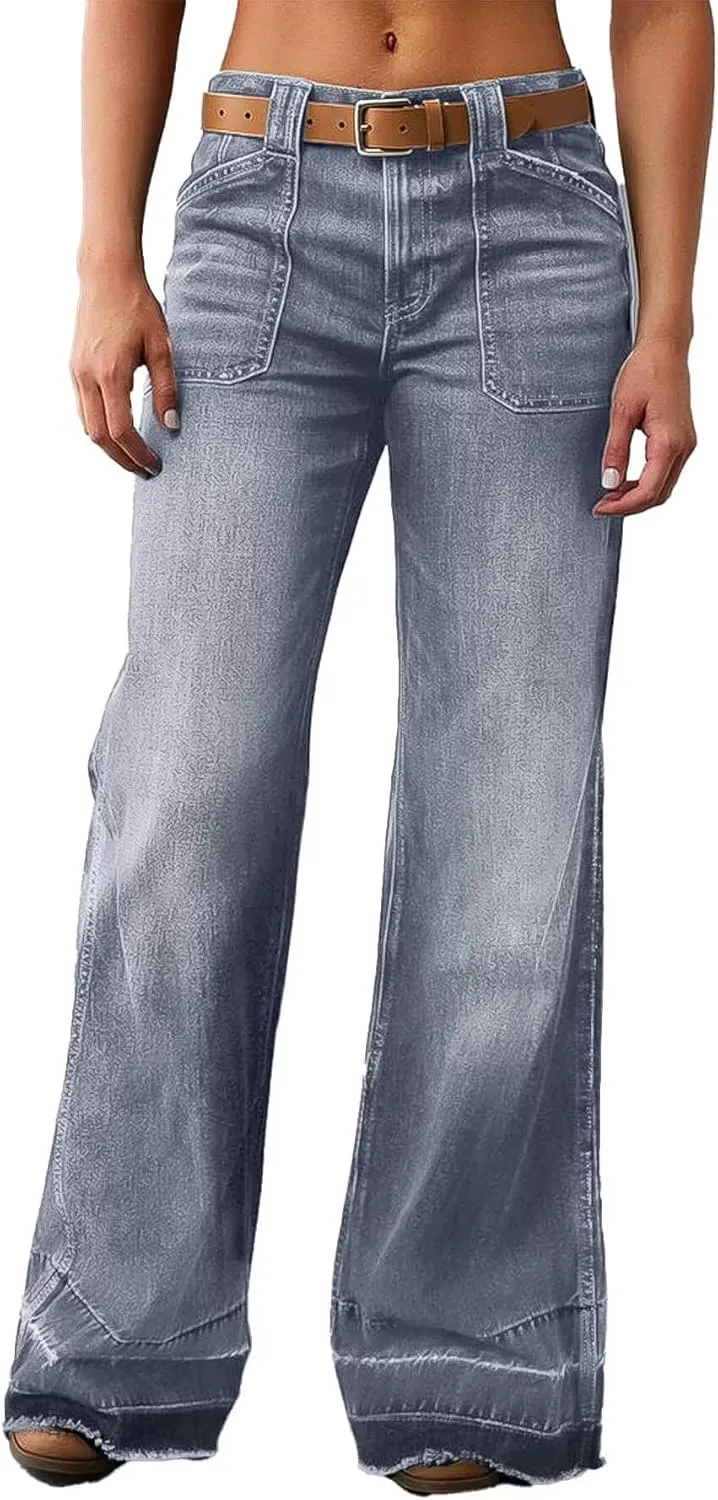 Flamingals Wide Straight Leg Mid Rise Baggy Pocket Denim Jeans Without Belt