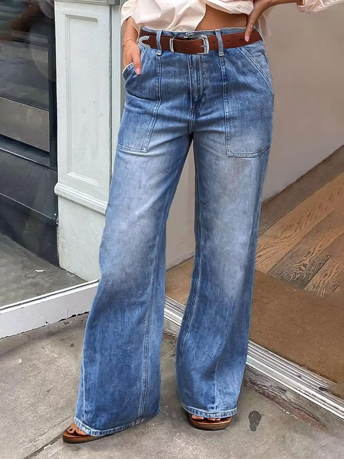 Flamingals Wide Straight Leg Mid Rise Baggy Pocket Denim Jeans Without Belt