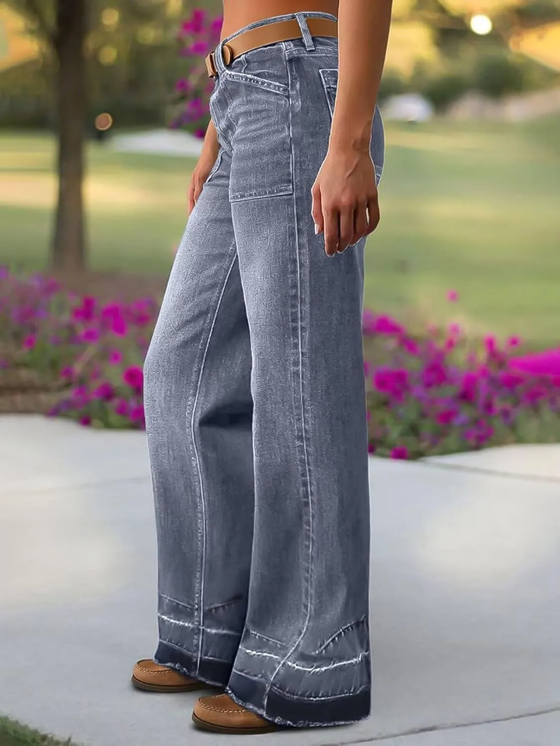 Flamingals Wide Straight Leg Mid Rise Baggy Pocket Denim Jeans Without Belt