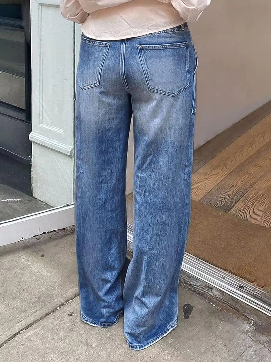 Flamingals Wide Straight Leg Mid Rise Baggy Pocket Denim Jeans Without Belt
