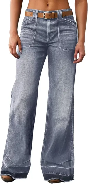 Flamingals Wide Straight Leg Mid Rise Baggy Pocket Denim Jeans Without Belt
