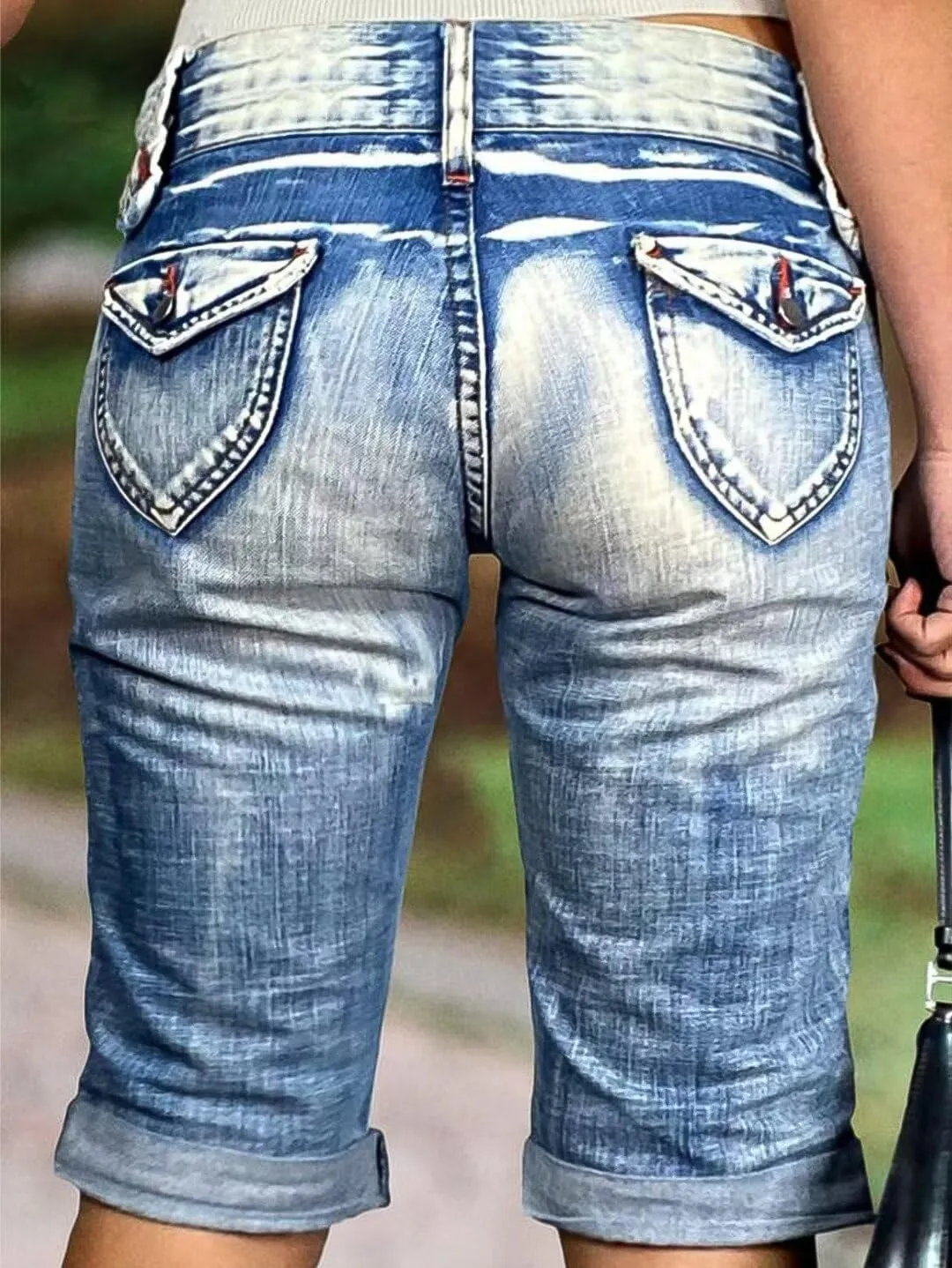 Flamingals Women's Capri Cargo Jeans Mid Waisted Stretchy Summer Skinny Wash Flap Pocket Denim Pants