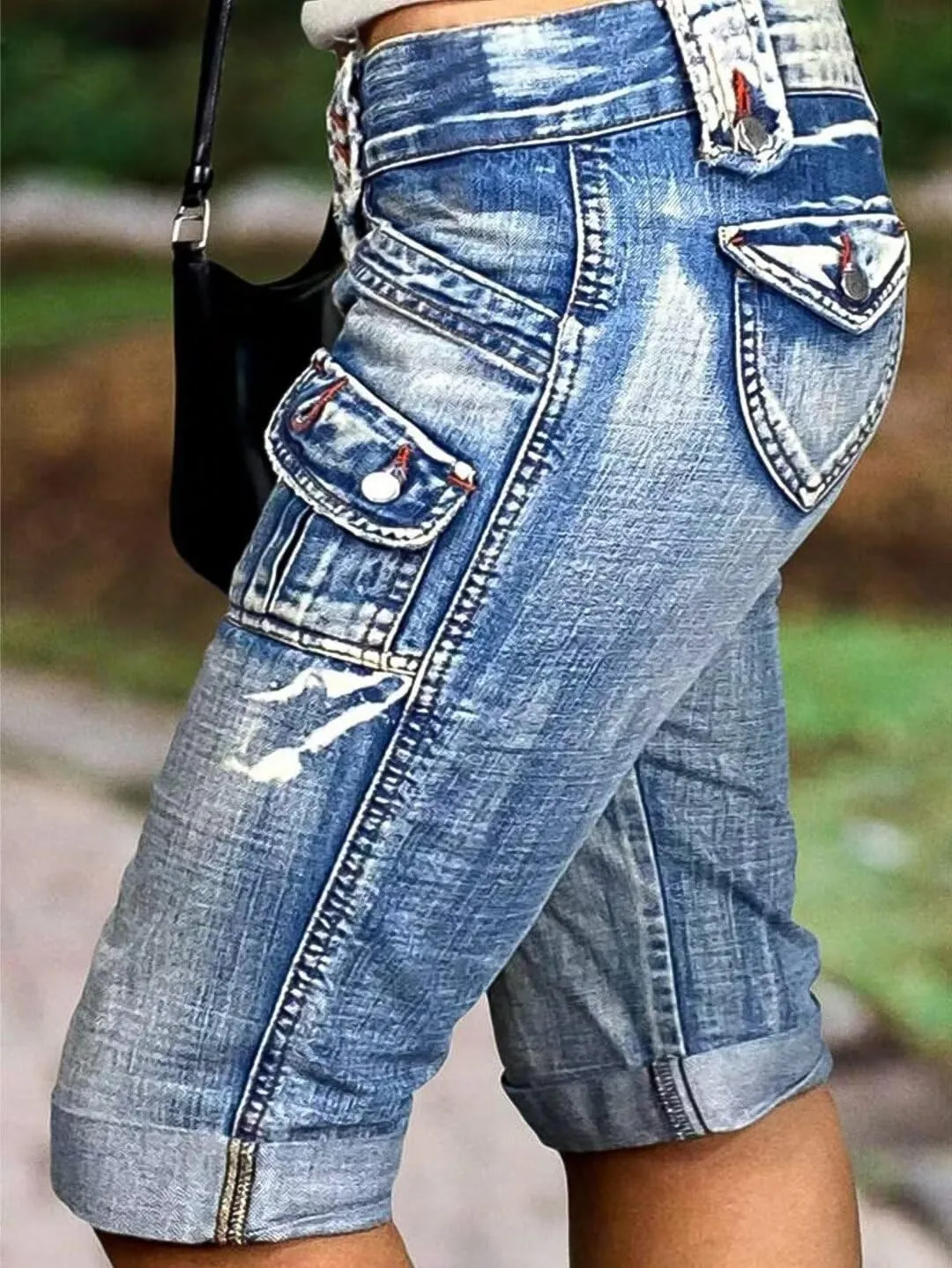 Flamingals Women's Capri Cargo Jeans Mid Waisted Stretchy Summer Skinny Wash Flap Pocket Denim Pants