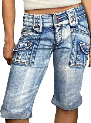 Flamingals Women's Capri Cargo Jeans Mid Waisted Stretchy Summer Skinny Wash Flap Pocket Denim Pants