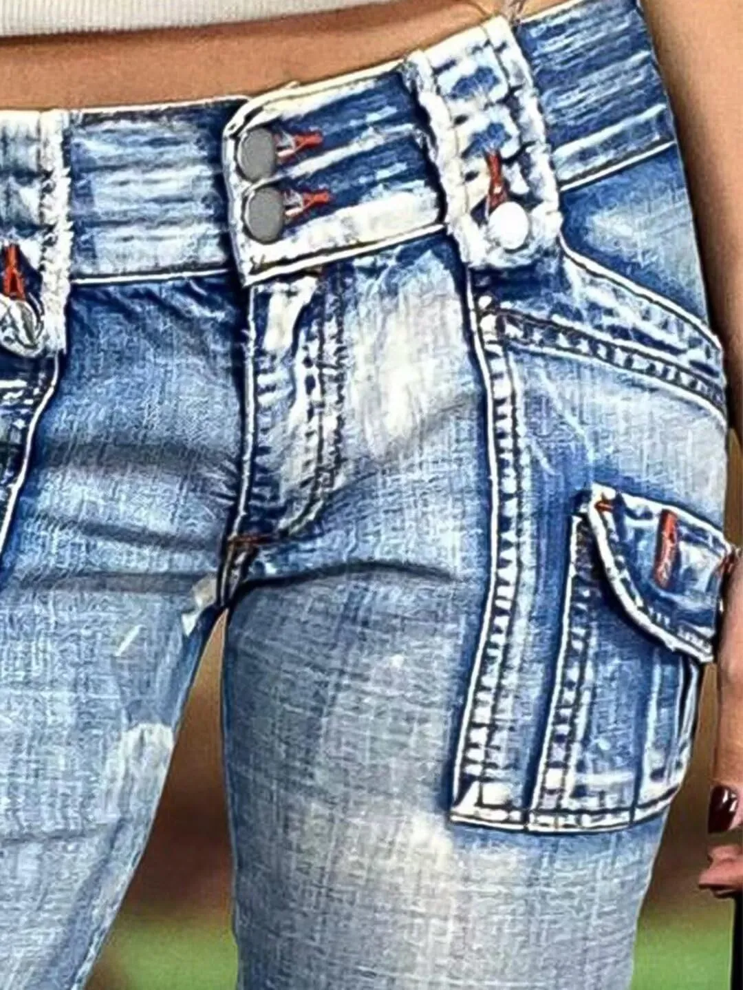 Flamingals Women's Capri Cargo Jeans Mid Waisted Stretchy Summer Skinny Wash Flap Pocket Denim Pants