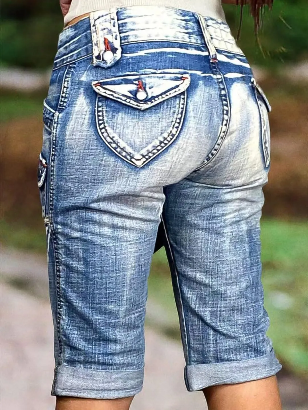 Flamingals Women's Capri Cargo Jeans Mid Waisted Stretchy Summer Skinny Wash Flap Pocket Denim Pants