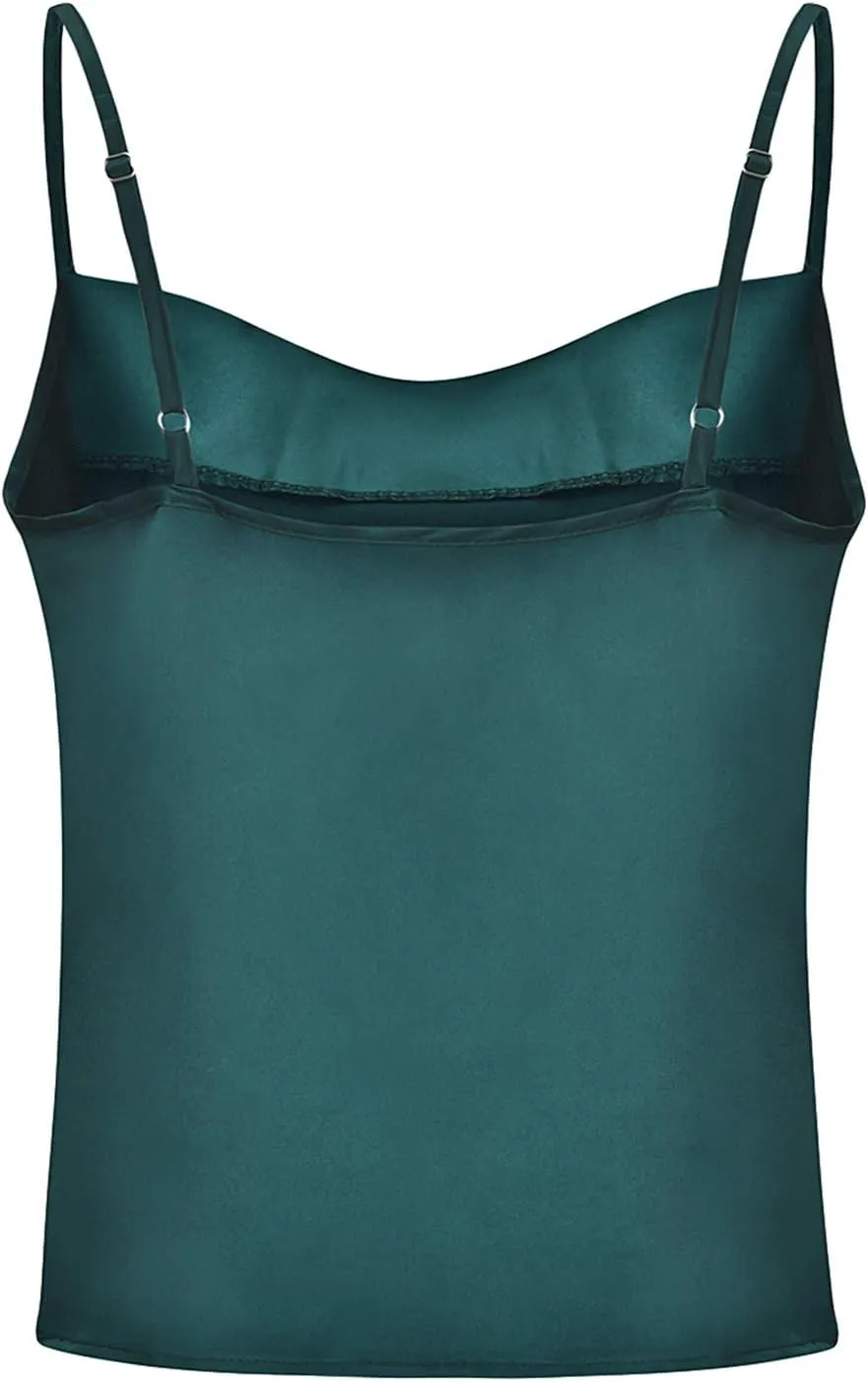 FLITAY Womens Cowl Neck Camis Satin Tank Top Spaghetti Strap Solid Color Camisoles Blouses
