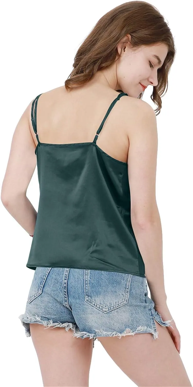 FLITAY Womens Cowl Neck Camis Satin Tank Top Spaghetti Strap Solid Color Camisoles Blouses