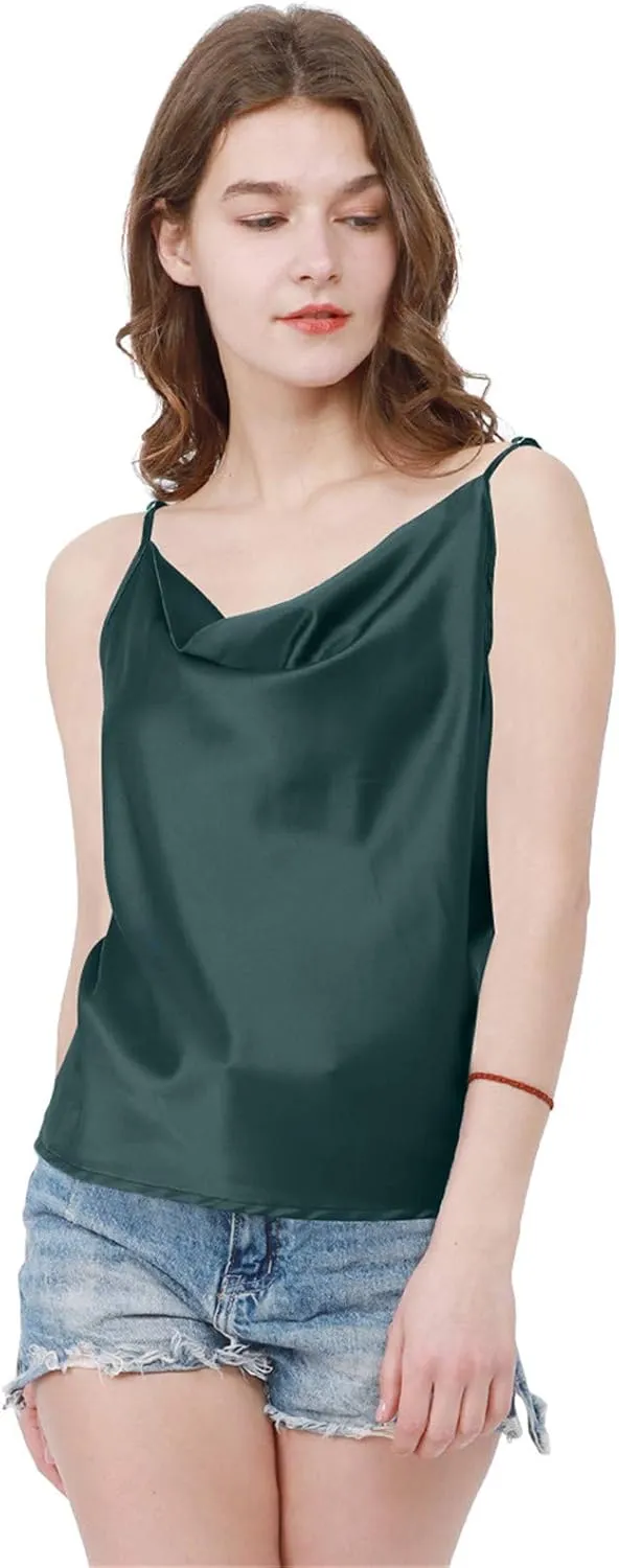 FLITAY Womens Cowl Neck Camis Satin Tank Top Spaghetti Strap Solid Color Camisoles Blouses